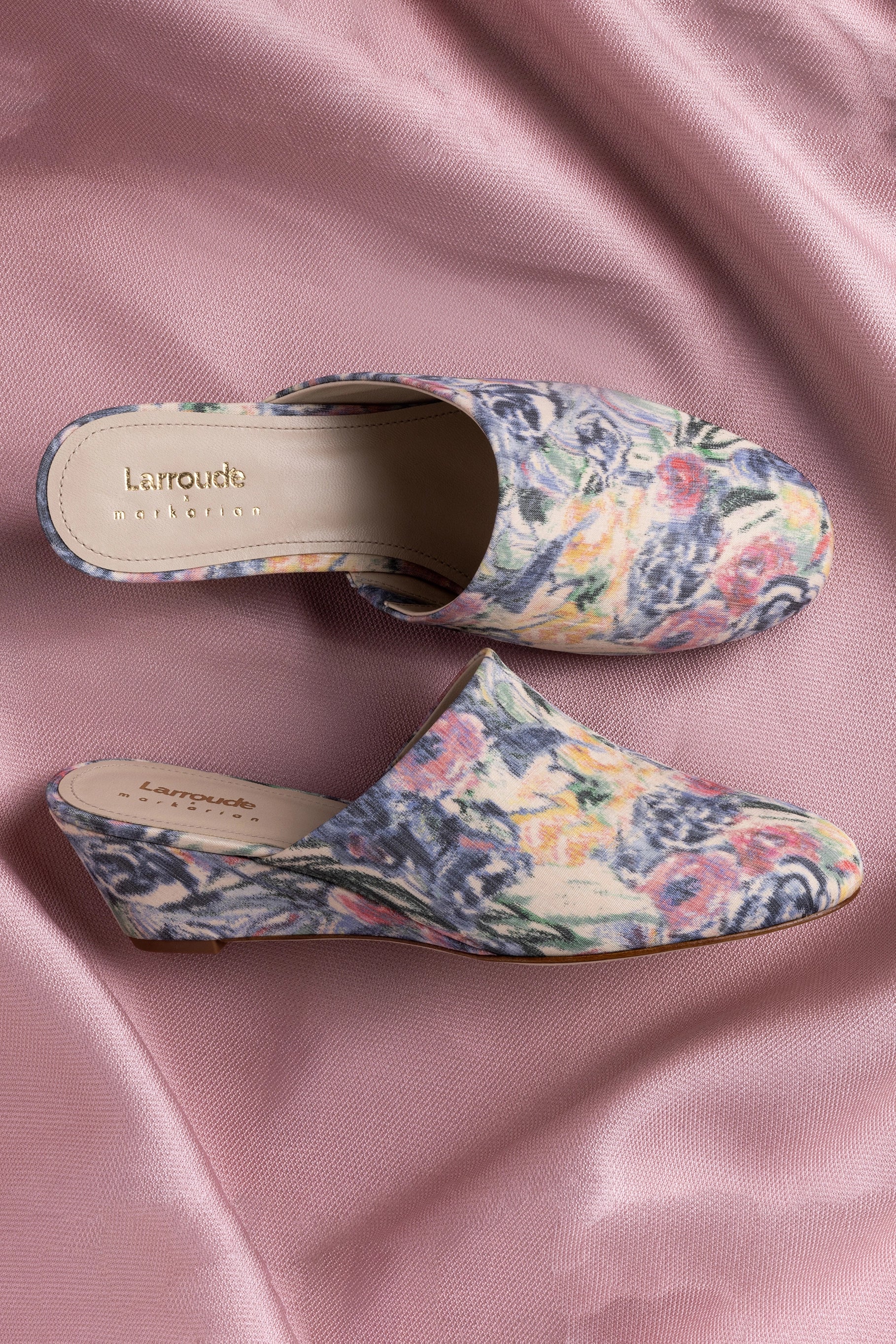 Larroudé x Markarian Venice Wedge Sandals in Ash Blue Floral - Women's Summer Wedge Heels for Beach, Wedding & Outdoor Events