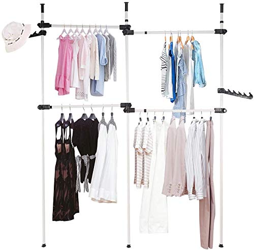 GOTOTOP Heavy Duty Adjustable 2-Tier Garment Rack - Freestanding Closet Organizer with Telescopic Design for Clothes Display (No Tools/Drilling Needed) - Perfect for Bedroom Storage, Retail Stores & Laundry Room Organization