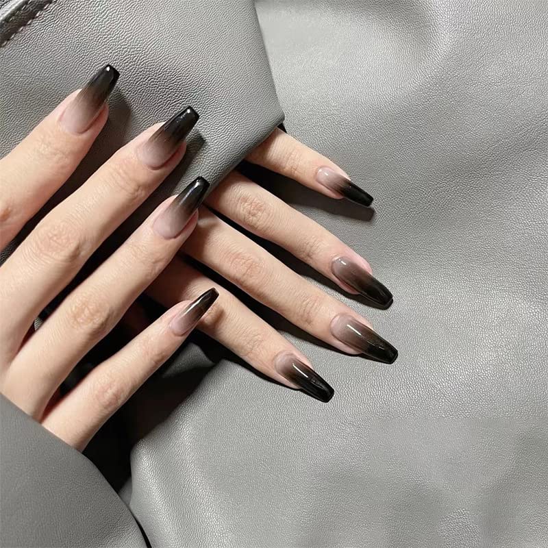 Trendy Premium Black Press on Nails Set - 24 PCS Reusable Fake Nails with Semi-Transparent Tips & Complete Kit | Perfect for Parties, Weddings, and Everyday Wear
