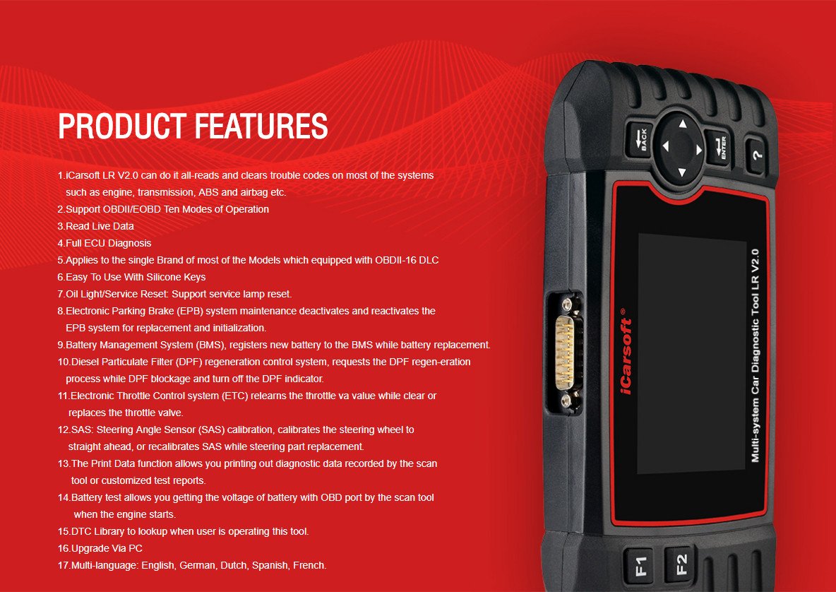 iCarsoft LR V2.0 Professional OBD2 Scanner - Land Rover & Jaguar Diagnostic Tool for ABS, SRS, Oil Reset - Works with Range Rover, Discovery, Evoque - Auto Repair & Maintenance Essential for DIY Mechanics & Shops