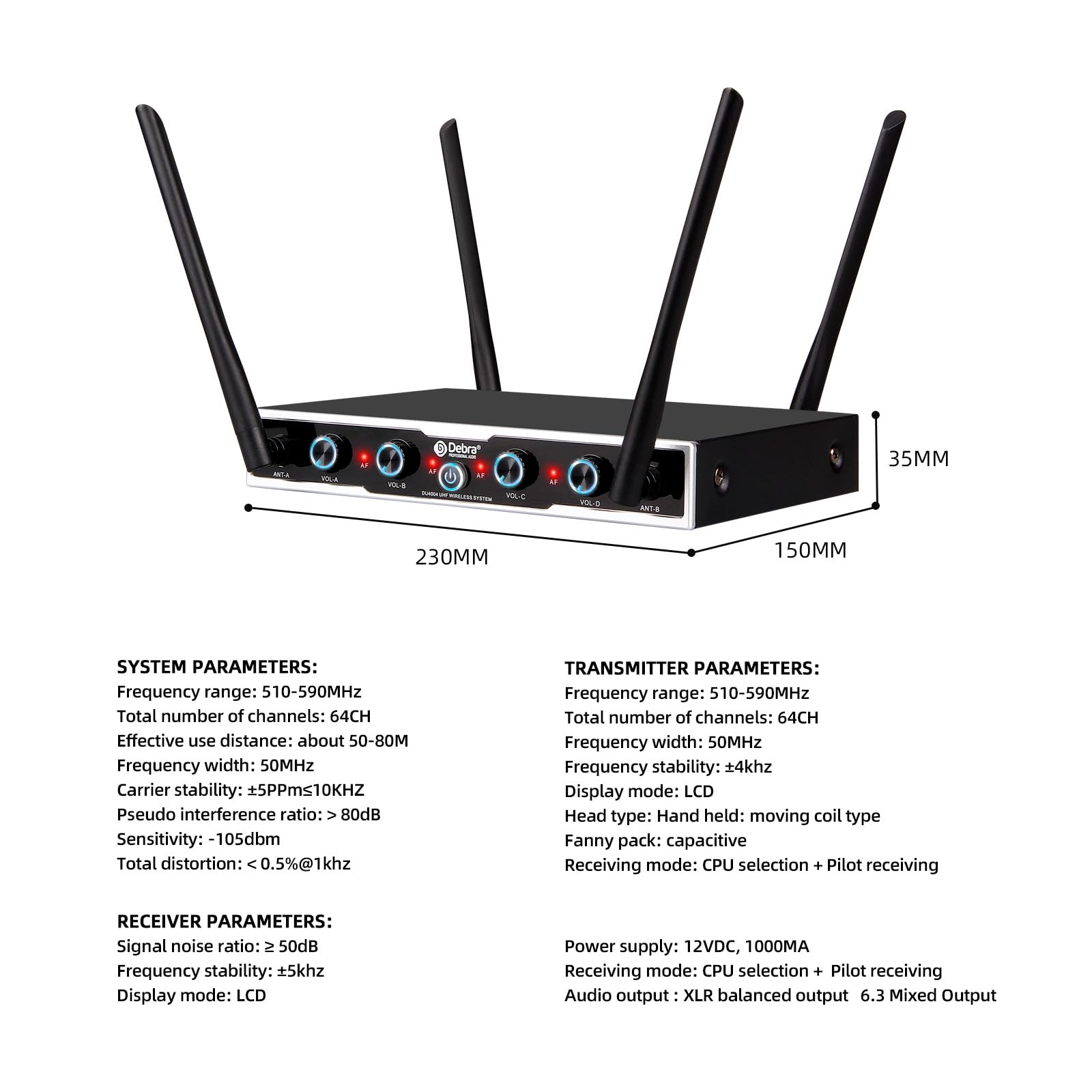 Professional DU4004 UHF Wireless Microphone System - 4 Adjustable Channels with 2 Handheld & 2 Lavalier Mics for Church, Meetings, Speeches & Events | D Debra Audio