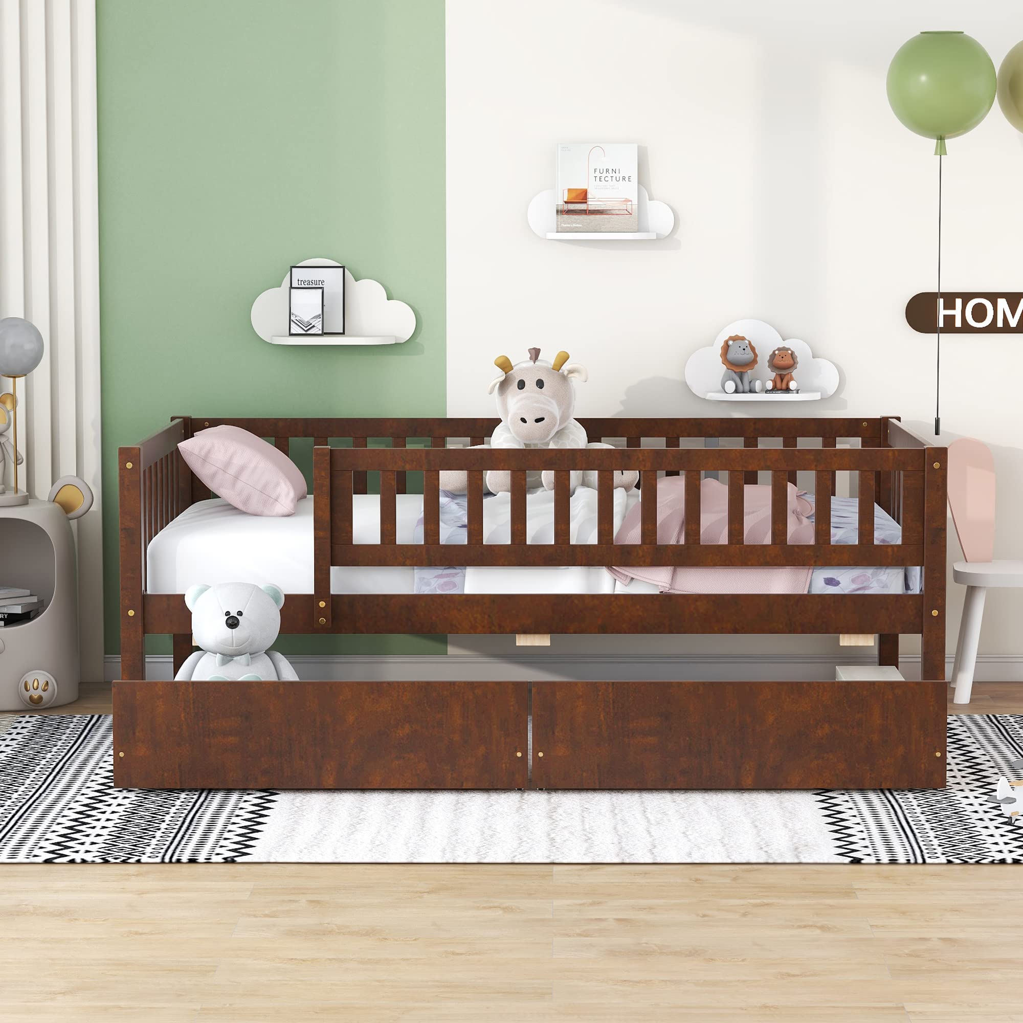 DEINPPA Twin Size Wooden Daybed with Storage Drawers - Sturdy Slat Support Bed Frame for Kids, Children, Toddlers, Boys & Girls (Walnut Finish) - Perfect for Small Bedrooms, Guest Rooms & Kids' Dorm Decor