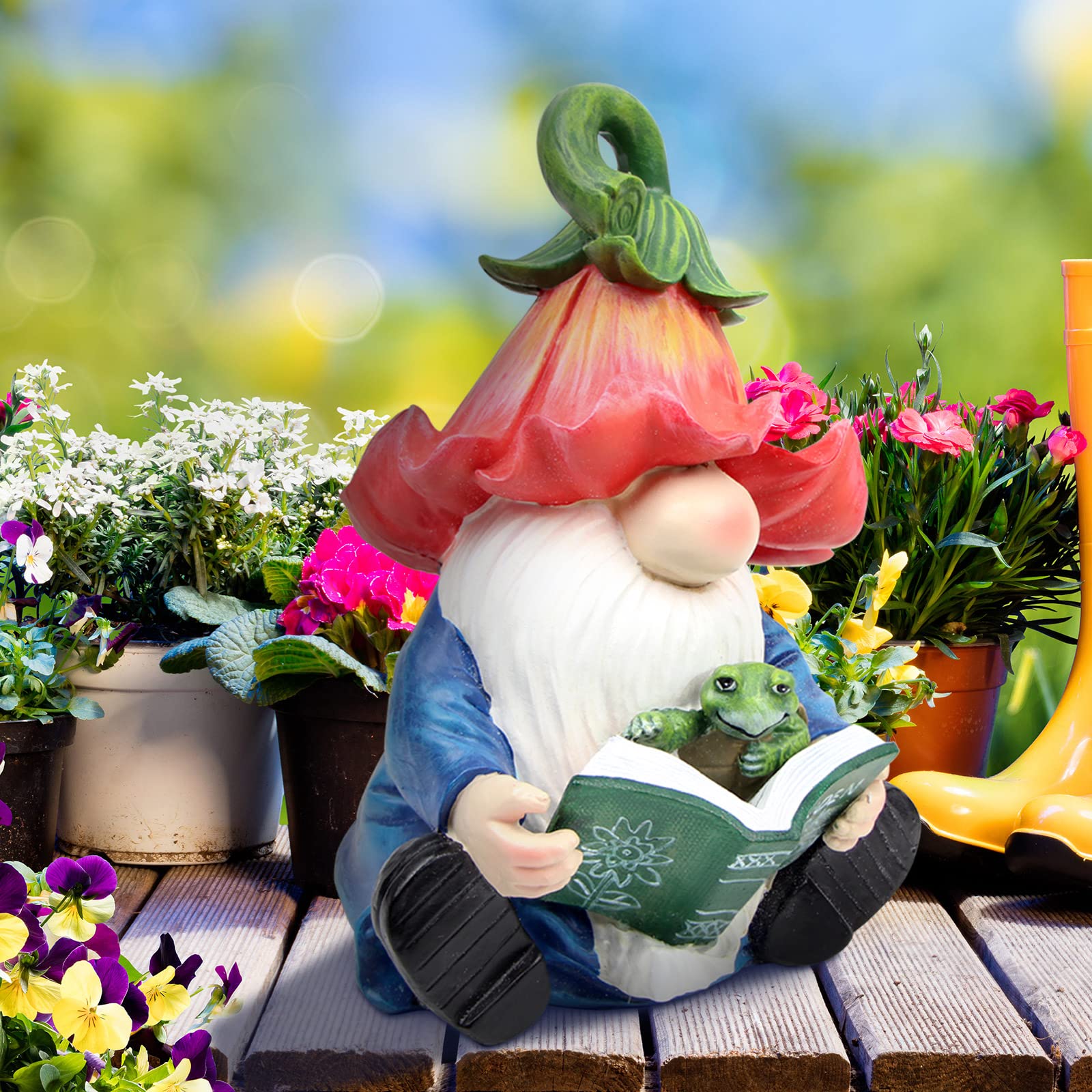 Solar LED Garden Gnome Statue - Resin Gnome Figurine Hugging Turtle Reading Book, Outdoor Decor for Patio, Yard, Lawn & Porch - Perfect Summer Garden Ornament Gift for Nature Lovers & Book Enthusiasts