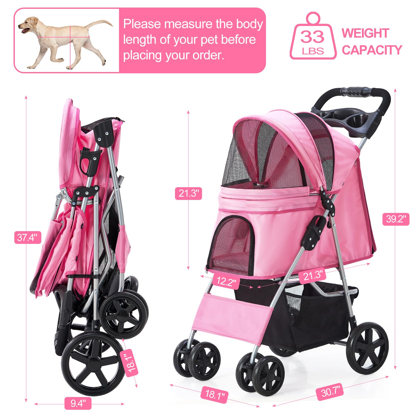 Foldable Lightweight Pet Stroller for Small & Medium Dogs & Cats - 4-Wheel Pink Dog Carrier with Storage Basket | Perfect for Park Walks, Vet Visits & Shopping Trips