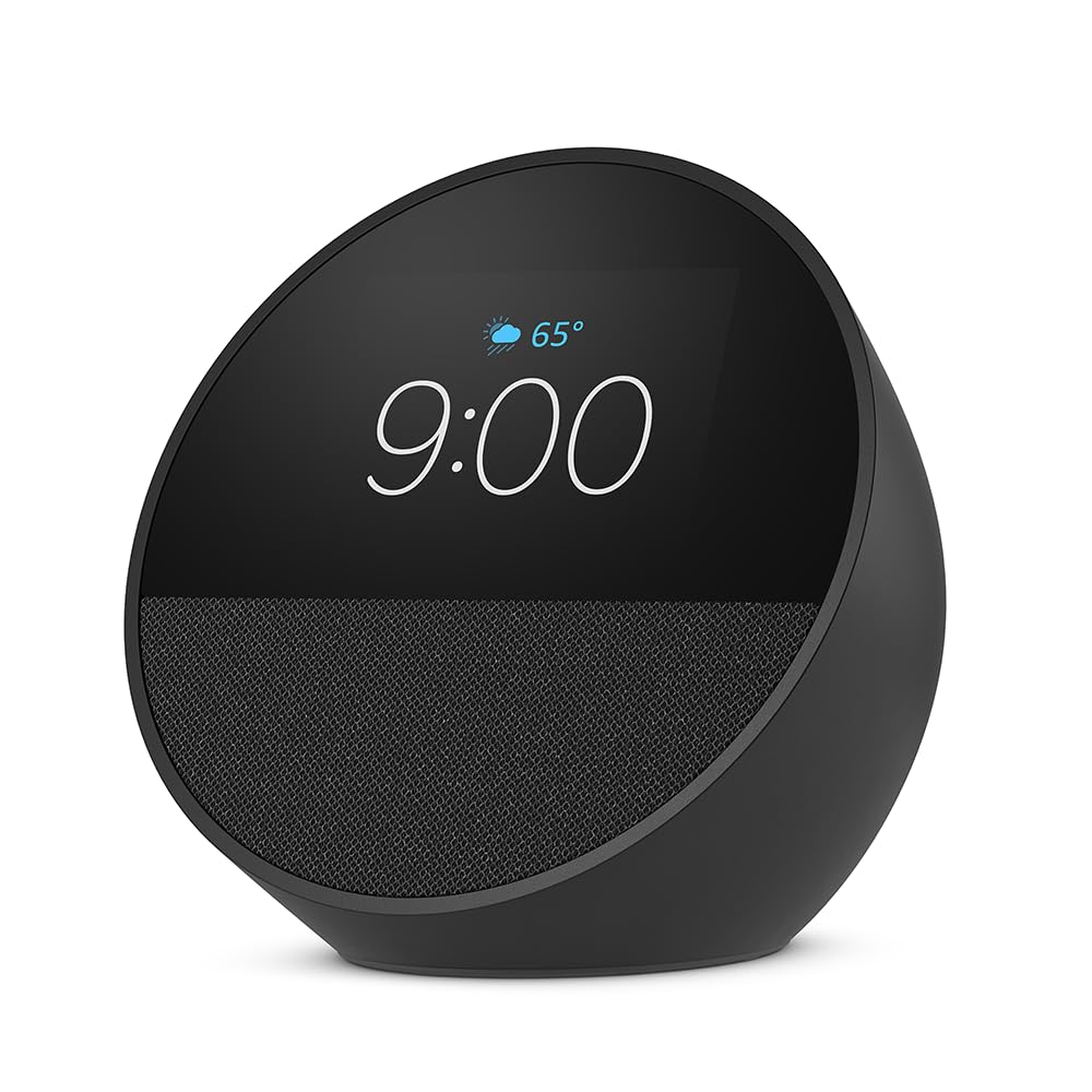 Echo Spot Smart Alarm Clock with Alexa (2024 Model) - Black | Includes Made for Amazon Stand with Dual USB-C & USB-A Charging Ports | Perfect for Bedroom, Office & Smart Home Control