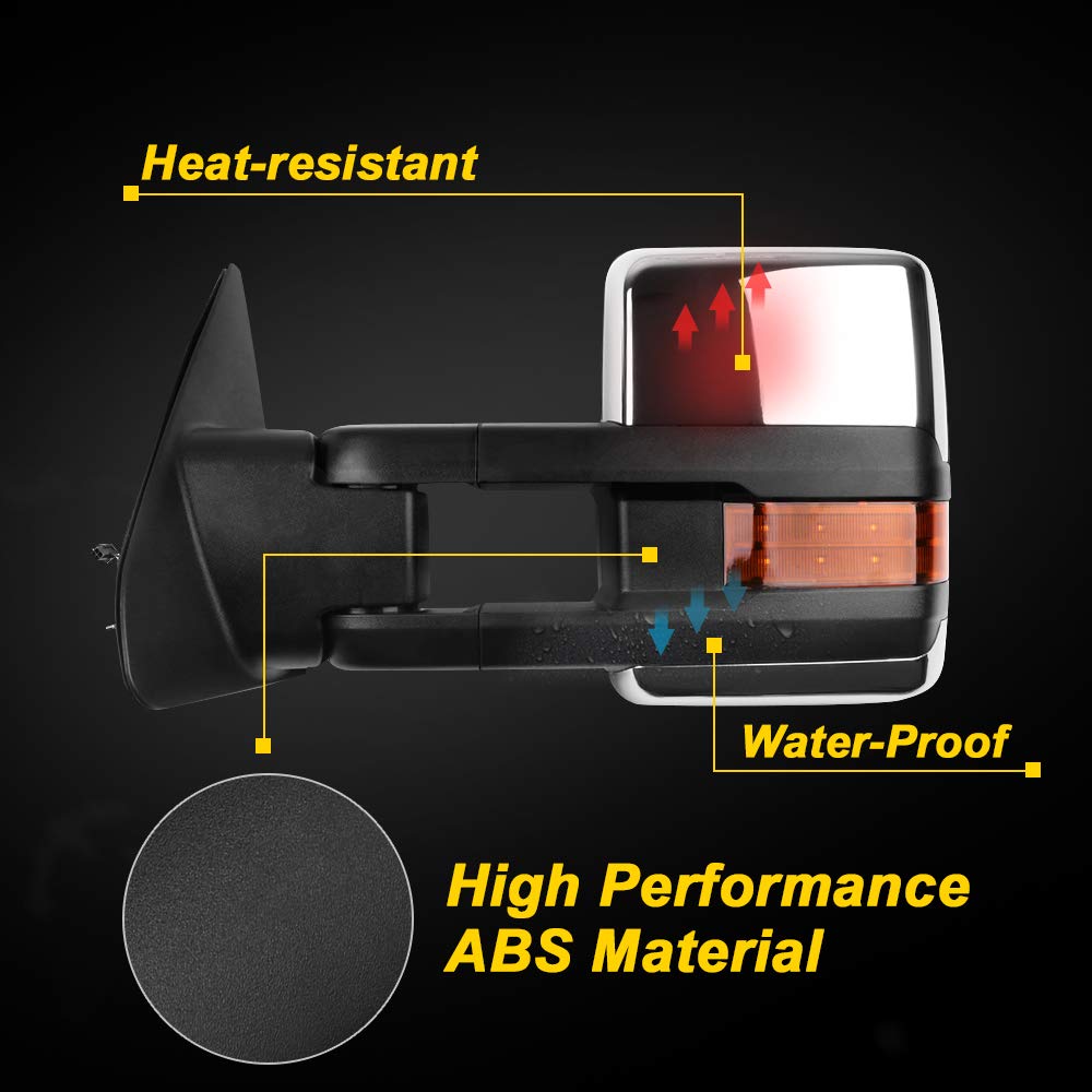 CCiyu Power-Adjusted Heated LED Towing Mirrors - Chrome LH Left & RH Right Side Mirrors Compatible with 2007-2017 Toyota Tundra Truck | Parallel Auxiliary Light & Turn Signal | Perfect for Towing, Night Driving & Off-Road Adventures
