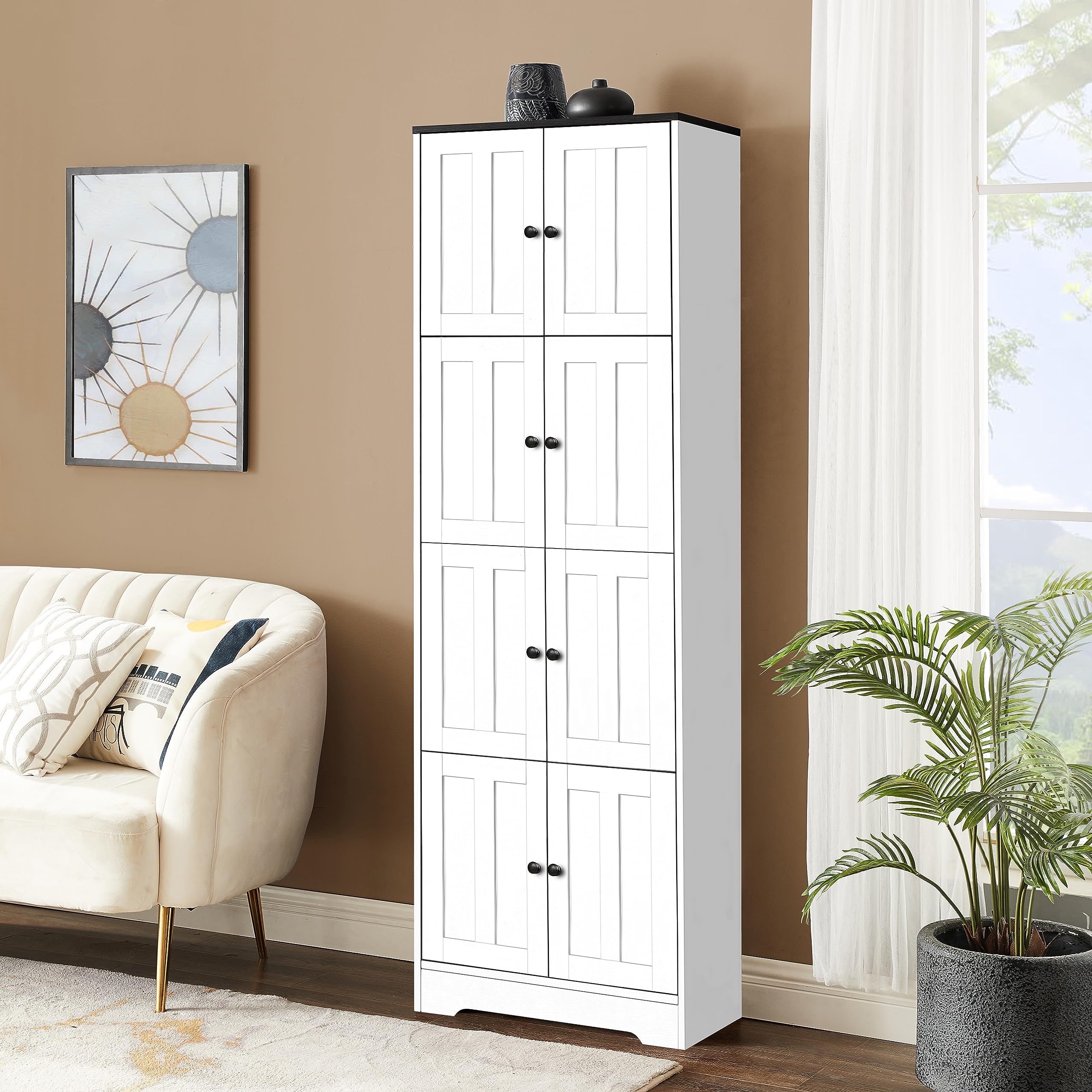 RuiSiSi 8-Door Tall Bathroom Storage Cabinet with 4 Adjustable Shelves - White Linen Floor Pantry Organizer for Bathroom, Living Room, Kitchen & Office - Perfect for Small Space Organization & Home Decor