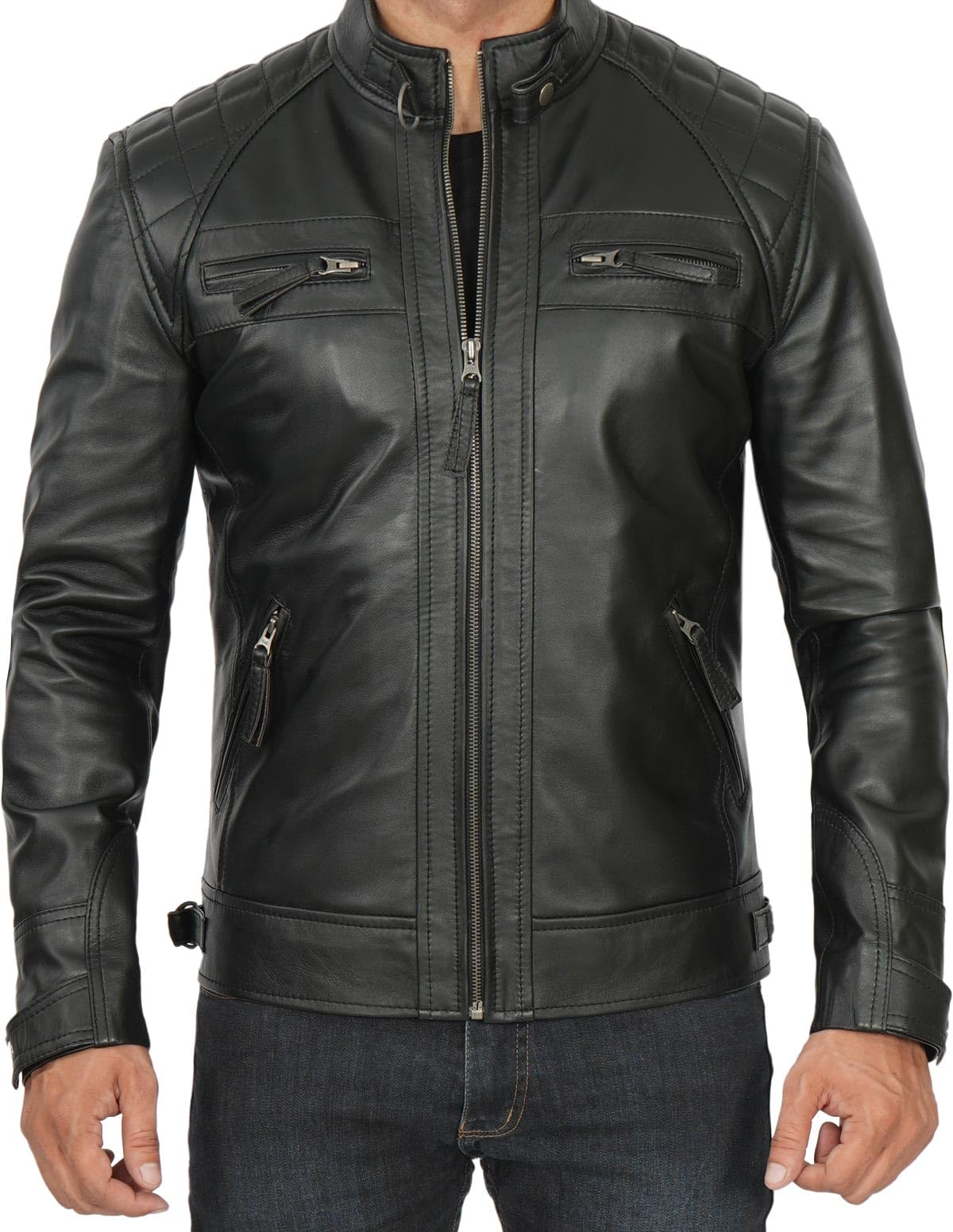 Blingsoul Men's Motorcycle Leather Jacket - Quilted Cafe Racer Biker Jacket for Men | Premium Genuine Leather Riding Gear for Motorcycle Enthusiasts & Urban Fashion