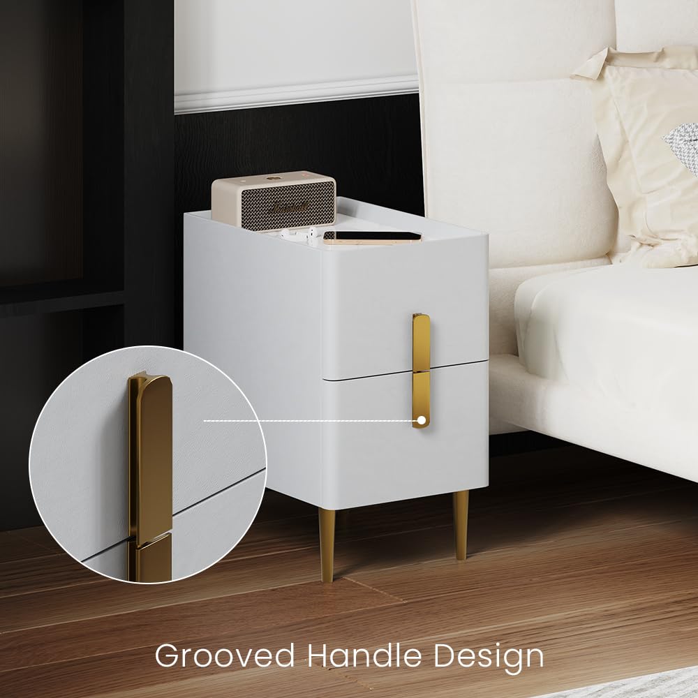 Modern White Narrow Nightstand with 2 Drawers - Sintered Stone Tabletop & Stainless Steel Legs - PU Leather Bedside Table for Bedroom, Living Room - Compact End Table for Small Spaces (1 Piece)