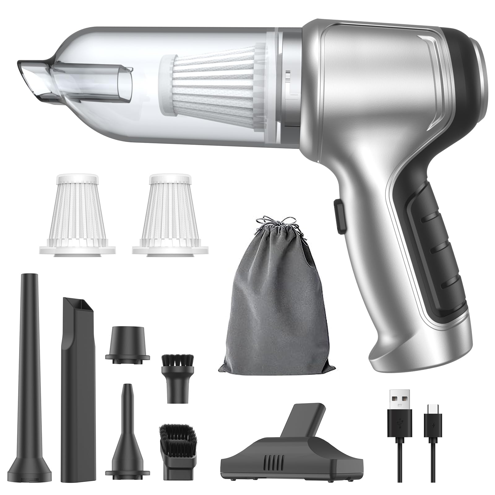**Powerful Cordless Handheld Car Vacuum Cleaner - 3-in-1 High-Suction Rechargeable Mini Vacuum for Car, Home, Office & Pet Hair - Portable & Lightweight (Silver) | Perfect for Quick Cleanups, Upholstery & Tight Spaces**