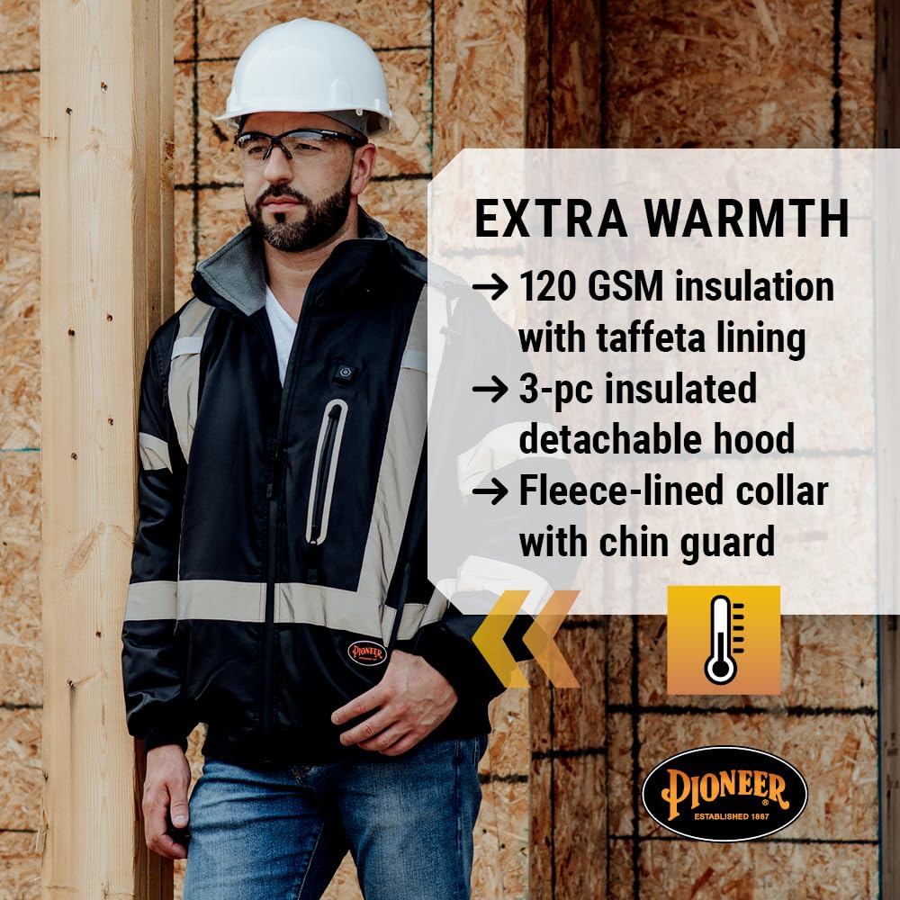 Pioneer Hi-Vis Waterproof Heated Safety Bomber Jacket for Men - Class 1 Winter Rain Gear with Reflective Tape & Detachable Hood - Ideal for Construction, Road Work & Outdoor Winter Activities