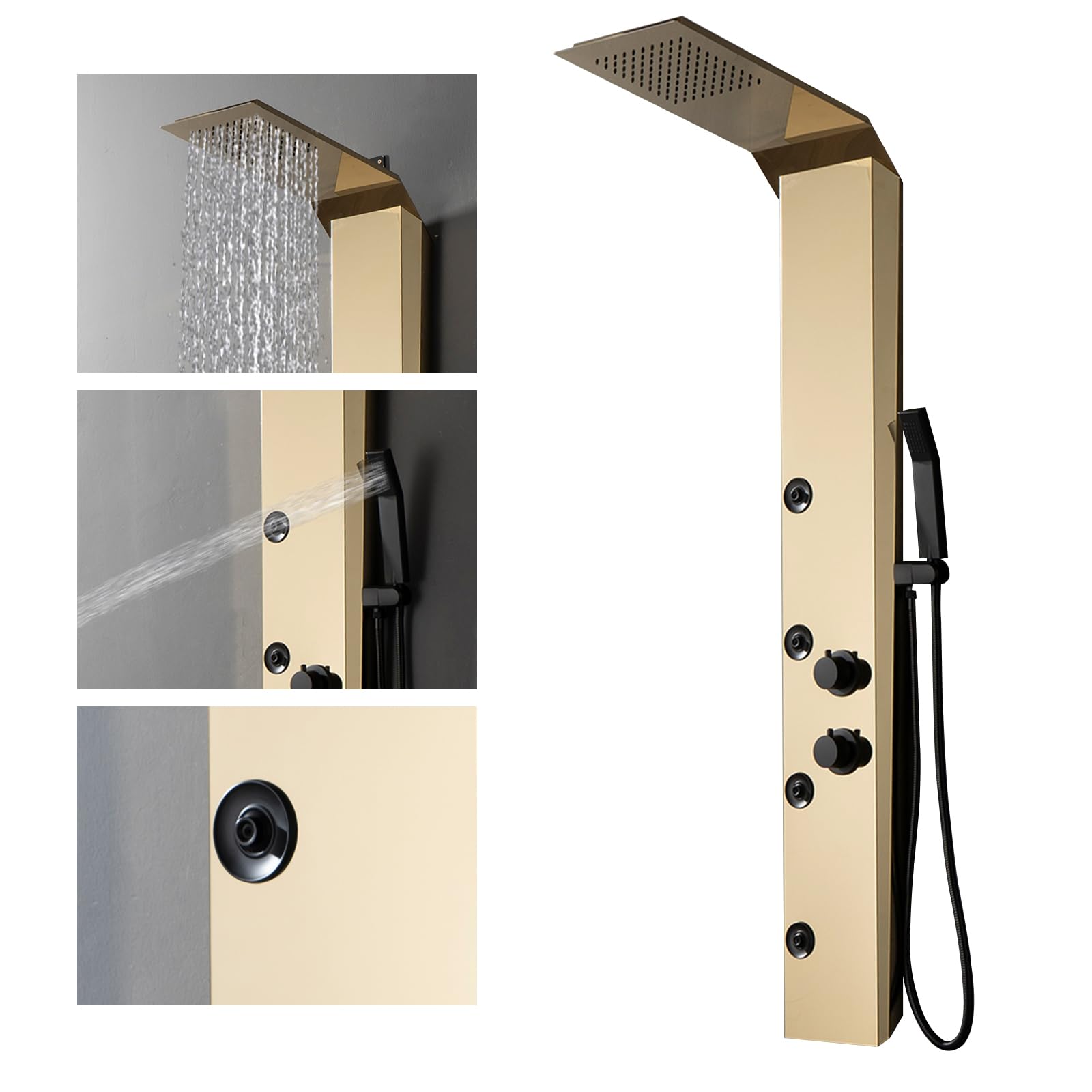 Premium BWE Stainless Steel Shower Panel Tower System - 3-in-1 Multi-Function Shower Panel with Rainfall Shower Head, Massage Body Jets & Handheld Spray - Wall Mounted Polished Gold Shower Column for Luxury Bathroom & Spa Experience