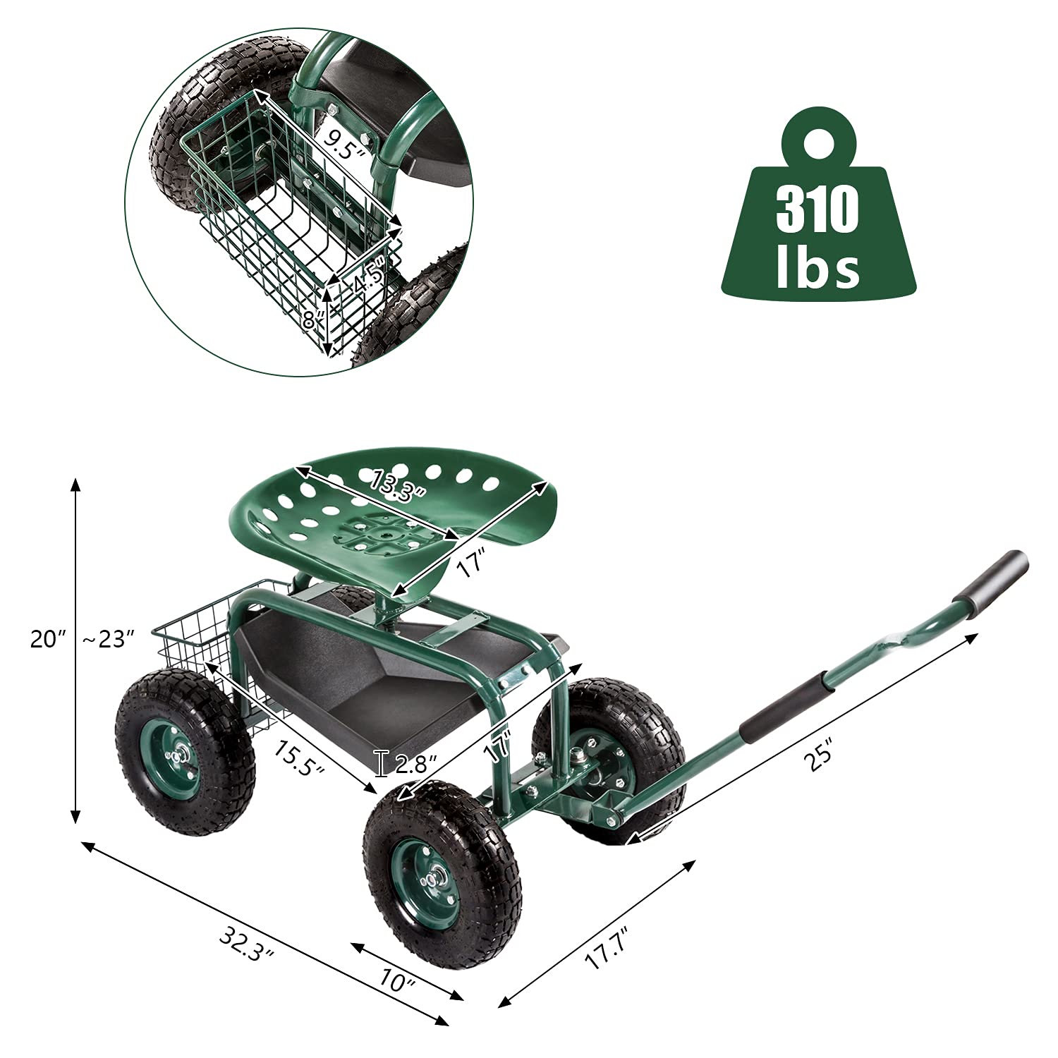 Heavy Duty Garden Cart with Wheels - Outdoor Rolling Work Seat & Patio Wagon Scooter for Planting, Gardening, and Yard Work - Includes Tool Tray for Convenient Storage (Perfect for Landscaping, Farming, and Home Garden Maintenance)