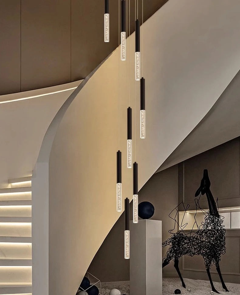 Elegant Crystal Tube Staircase Chandelier - Modern LED Lighting Fixture for Home & Foyer Decor | Perfect for Stairwells, Entryways, and Grand Halls