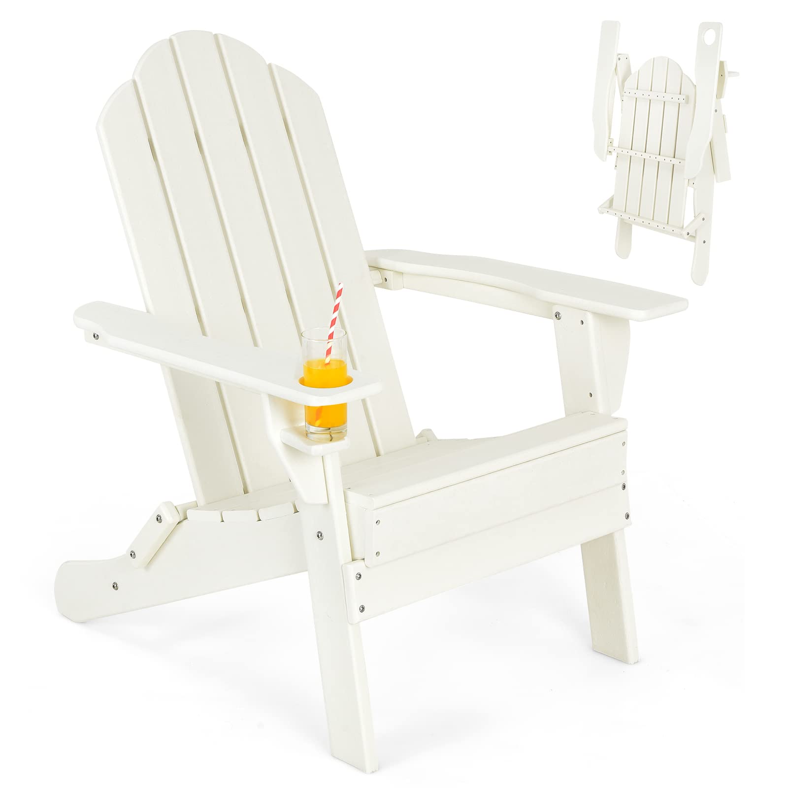Giantex Adirondack Chair - Outdoor Folding Patio Chair with Cup Holder, Weather-Resistant HDPE Plastic for Backyard, Deck, Garden & Fire Pit - White (Perfect for Relaxing, Lounging & Outdoor Entertaining)