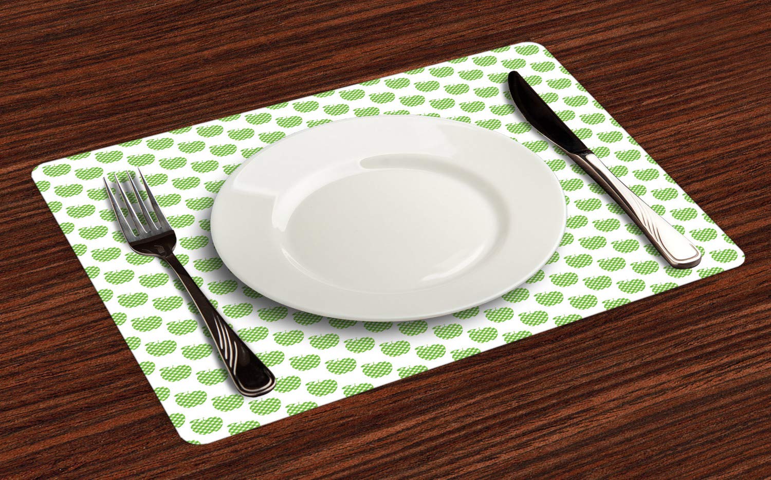 Lunarable Set of 4 Apple Green Gingham Checkered Placemats - Fresh Fruits Print Washable Fabric Dining Table Mats in Lime & Pistachio Green - Perfect for Kitchen, Dining Room & Party Decor