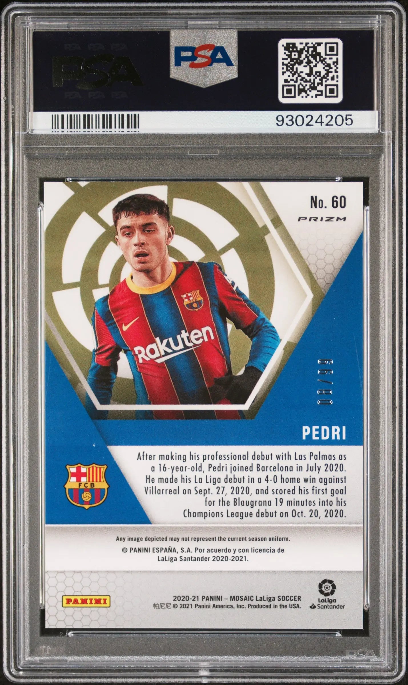 2020 Panini Mosaic La Liga Blue Pedri Rookie Card PSA 10 Gem Mint /99 #60 - Perfect for Soccer Collectors & FC Barcelona Fans