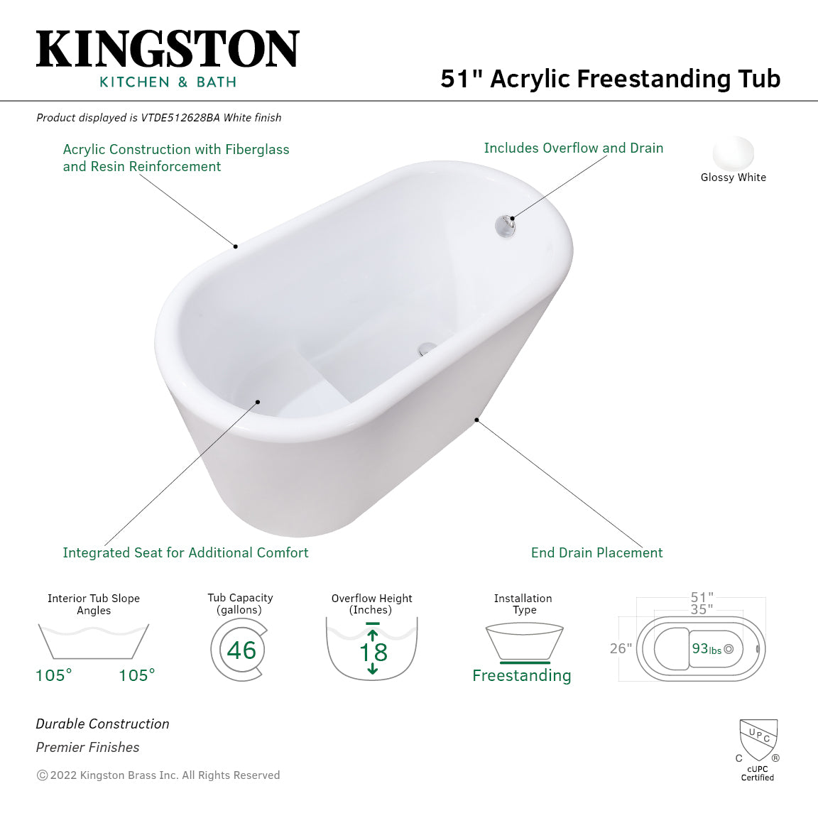 Aqua Eden 51 Inch Acrylic Oval Freestanding Bathtub - Double Ended Soaking Tub with Drain & Built-in Seat, Glossy White - Perfect for Luxury Bathroom & Spa Relaxation