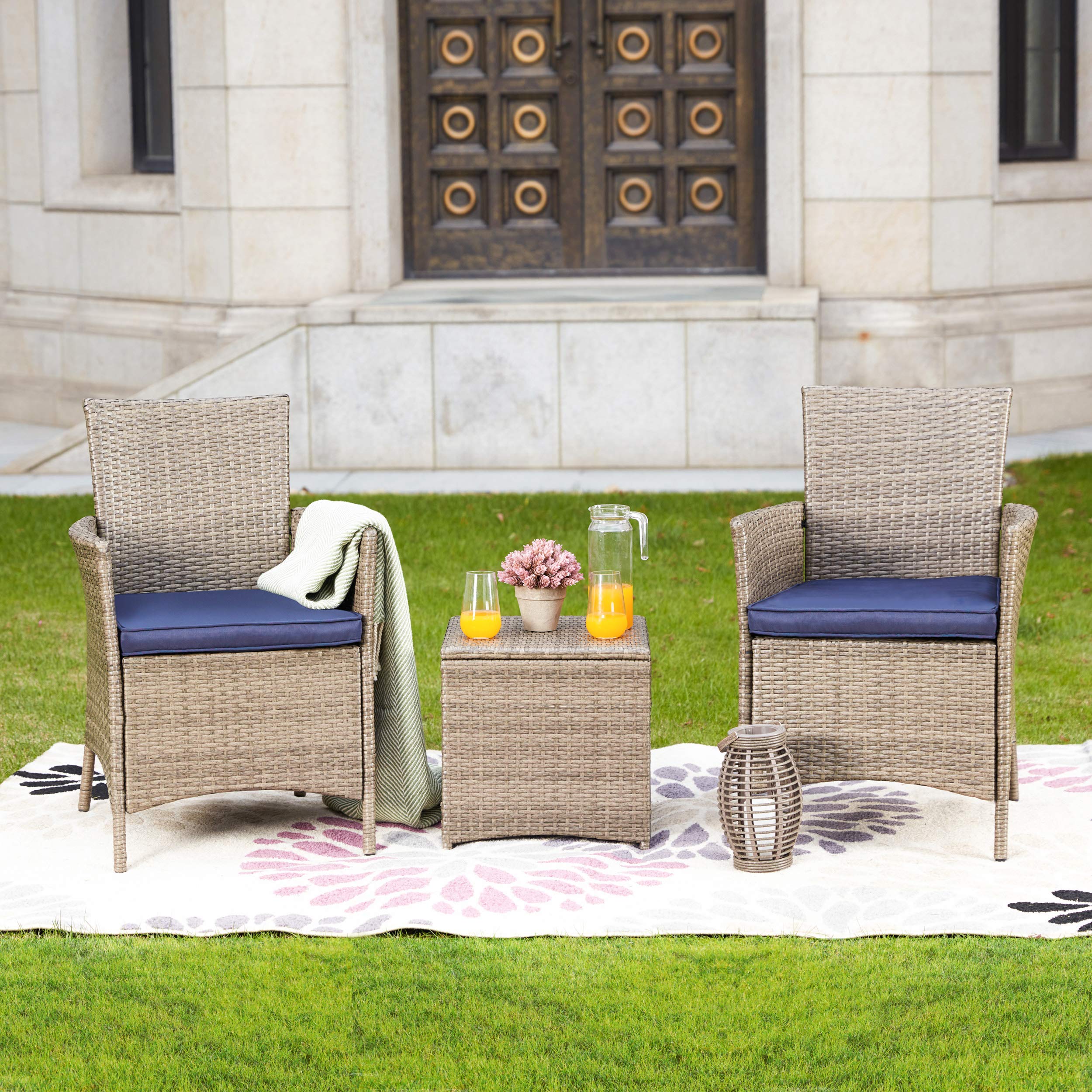 LOKATSE HOME 3-Piece Patio Bistro Set - PE Rattan Wicker Outdoor Furniture with Blue Cushions & Coffee Table - Perfect for Porch, Garden, Balcony and Backyard Relaxation
