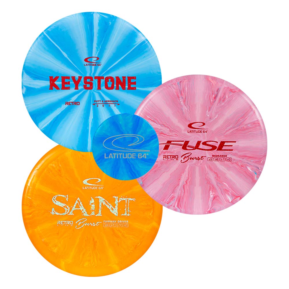 Latitude 64 Retro Burst Disc Golf Starter Set - Complete Frisbee Golf Kit with River Fairway Driver, Ballista Distance Driver, Saint Fairway, Fuse Midrange & Keystone Putter | Perfect for Beginners & Outdoor Sports Enthusiasts | Great for Parks, Courses & Backyard Practice