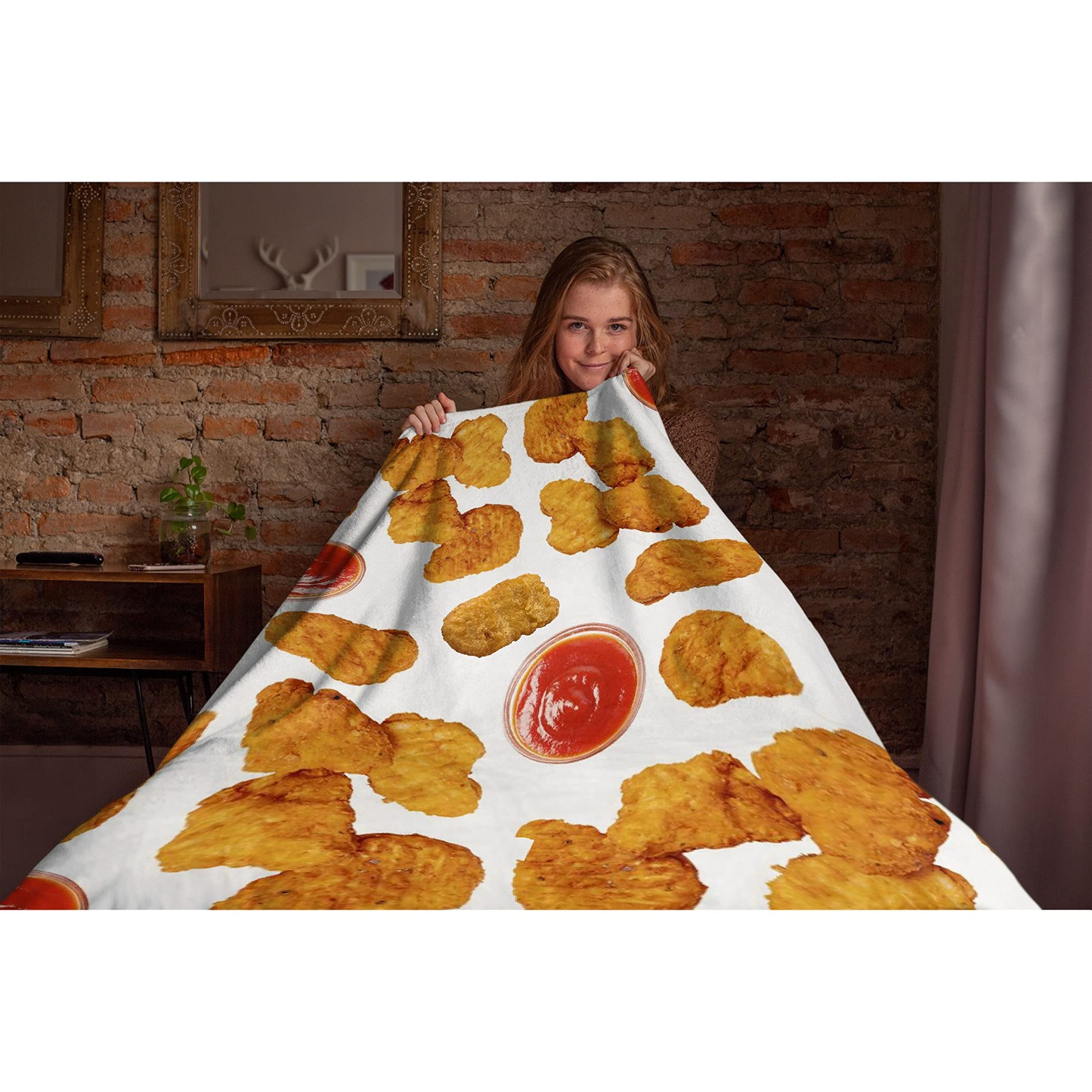 Soft Fleece Chicken Nuggets Blanket - XL 120x90 Inch Funny Food Gift Blanket for Adults & Kids | Cozy Lightweight Flannel Throw for Bed, Couch, Living Room | Perfect for Movie Nights, Camping & Family Snuggles
