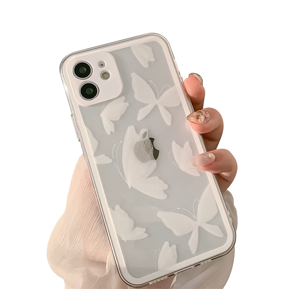 Fycyko iPhone 12 Case - Clear Cute Butterfly Design Slim Soft TPU Protective Cover for Women & Girls | Perfect for Everyday Use, Work & School (White)