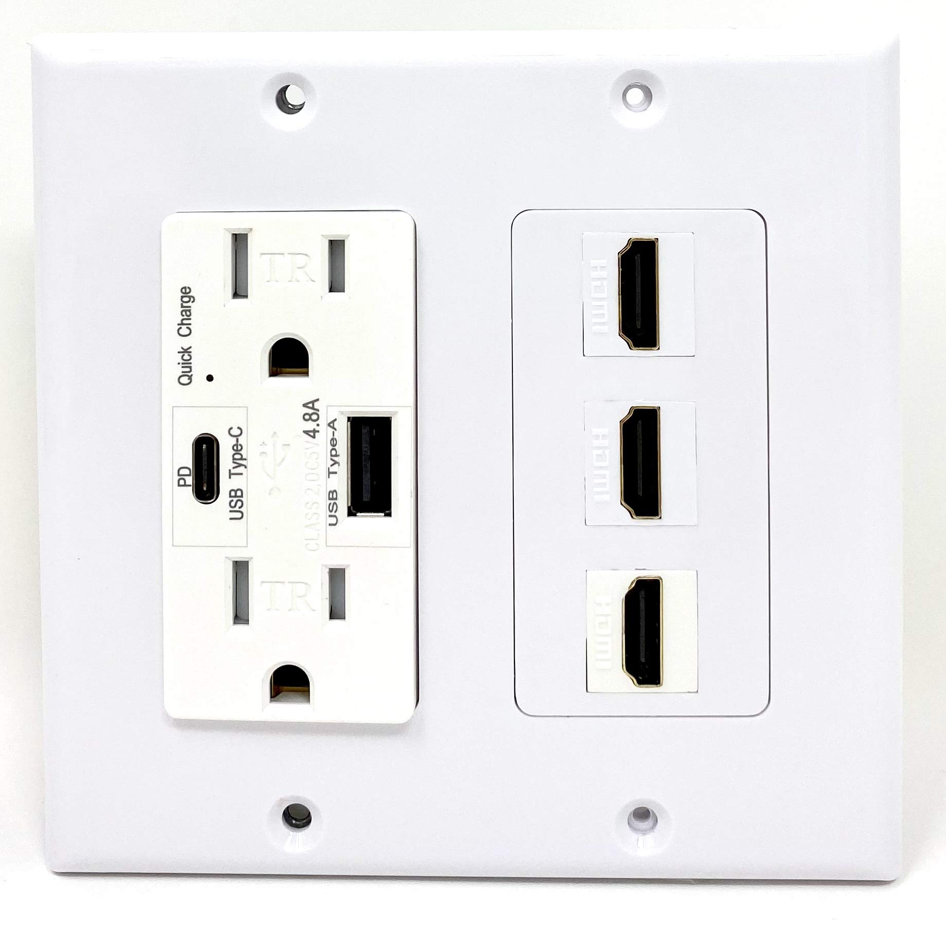 RiteAV 15A/125V USB Charger Outlet with Type-A & Type-C Ports + 3 HDMI Ports - Decorative White Wall Plate for Home & Office Charging Station