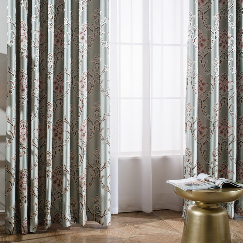 Mila Faux Silk Jacquard Floral Design Curtains - Light Blue Window Drapes for Living Room & Bedroom - Elegant Home Decor for Modern Interior Design