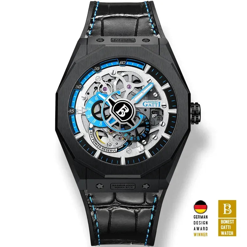 BONEST GATTI Men's Automatic Luxury Mechanical Watch with Hollow Out Dial, 50M Waterproof, Luminous Hands, Sapphire Glass & Leather Strap - Perfect for Business, Formal Events & Everyday Wear