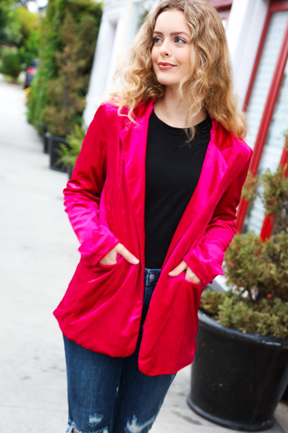 Elegant Magenta Velvet Blazer for Women - Stylish Lapel Jacket for Office, Parties & Special Occasions