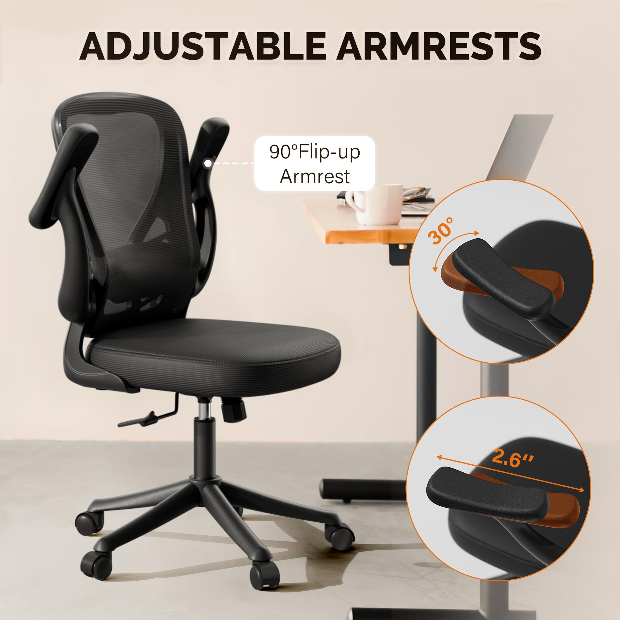 Ergonomic Mesh Office Chair with Wheels - Adjustable Lumbar Support & Flip-Up Arms, Swivel Computer Desk Chair for Home & Office Use - Comfortable Black Task Chair for Long Working Hours