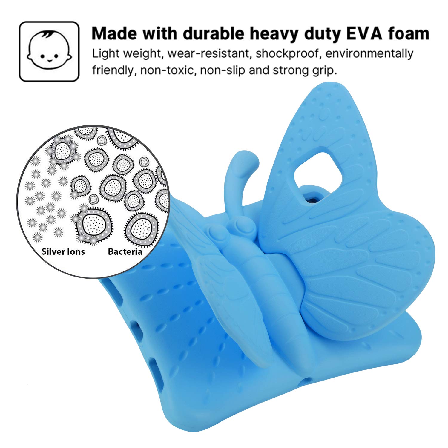 Pretty Butterfly iPad Air 11 Inch Case (2024/2025 Model) - Shockproof EVA Foam Full Body Protection with Stand & Pencil Holder - Cute Protective Cover for Girls Kids - Perfect for School, Travel & Home Use (Blue)