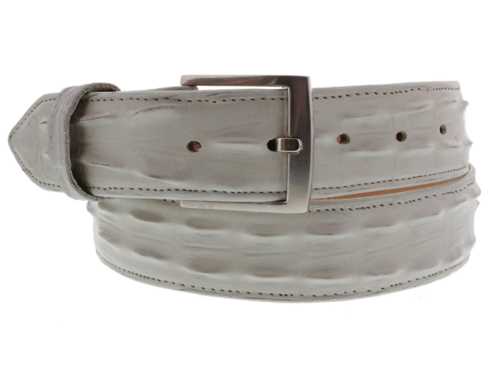 El Presidente Men's Off White Genuine Leather Belt with Crocodile Tail Print & Silver Buckle - Stylish Dress Belt for Business, Casual & Formal Occasions
