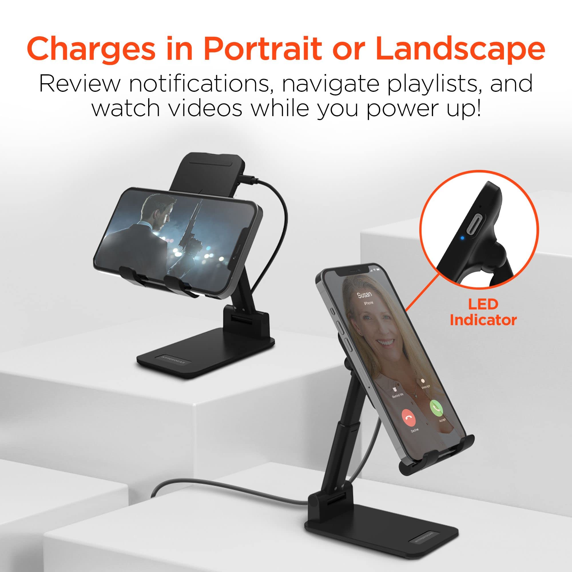 HyperGear Fast Wireless Charging Stand with LED Power Indicator - Universal Qi-Certified Charger for iPhone 15/14/13/Pro Max, Galaxy S24/S23 & More | Portable Desk Charger for Home, Office & Travel [15415]