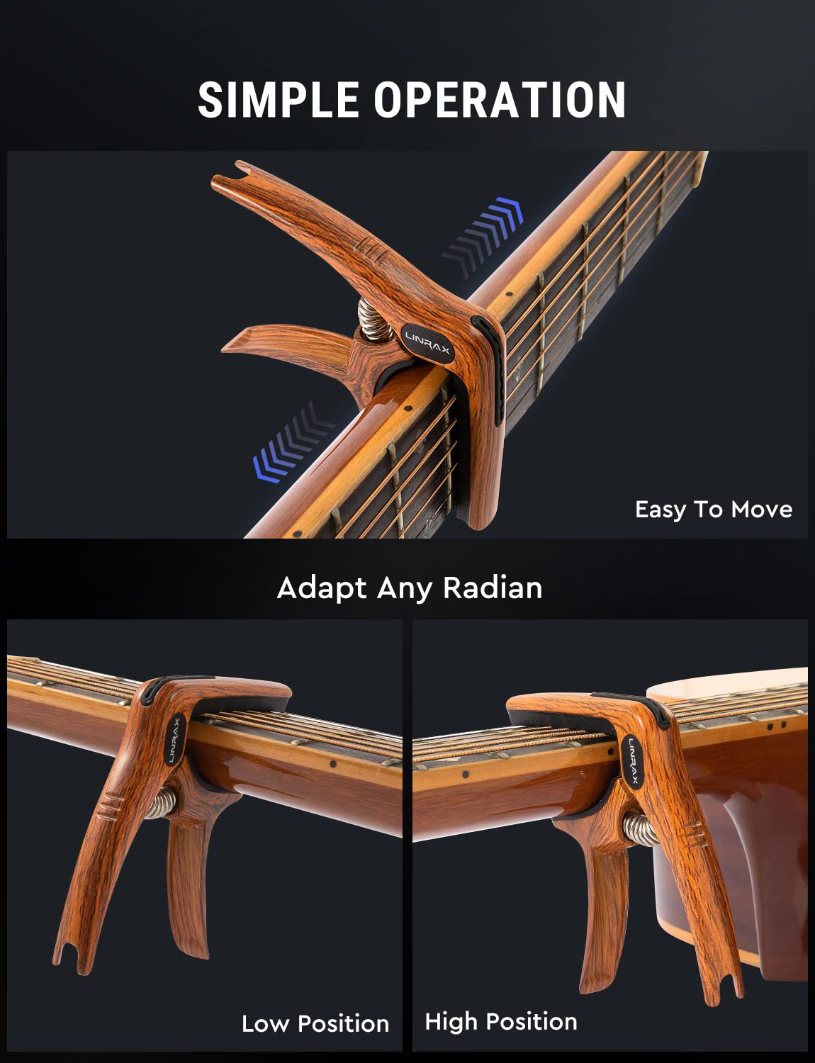 Premium C1 Guitar Capo - 3-in-1 Zinc Alloy Capo with Pick Holder & Bridge Pin Puller for Acoustic, Electric Guitar, Bass, Ukulele, Banjo, Mandolin | Professional Wood Grain Guitar Accessories for Live Performances & Studio Recording