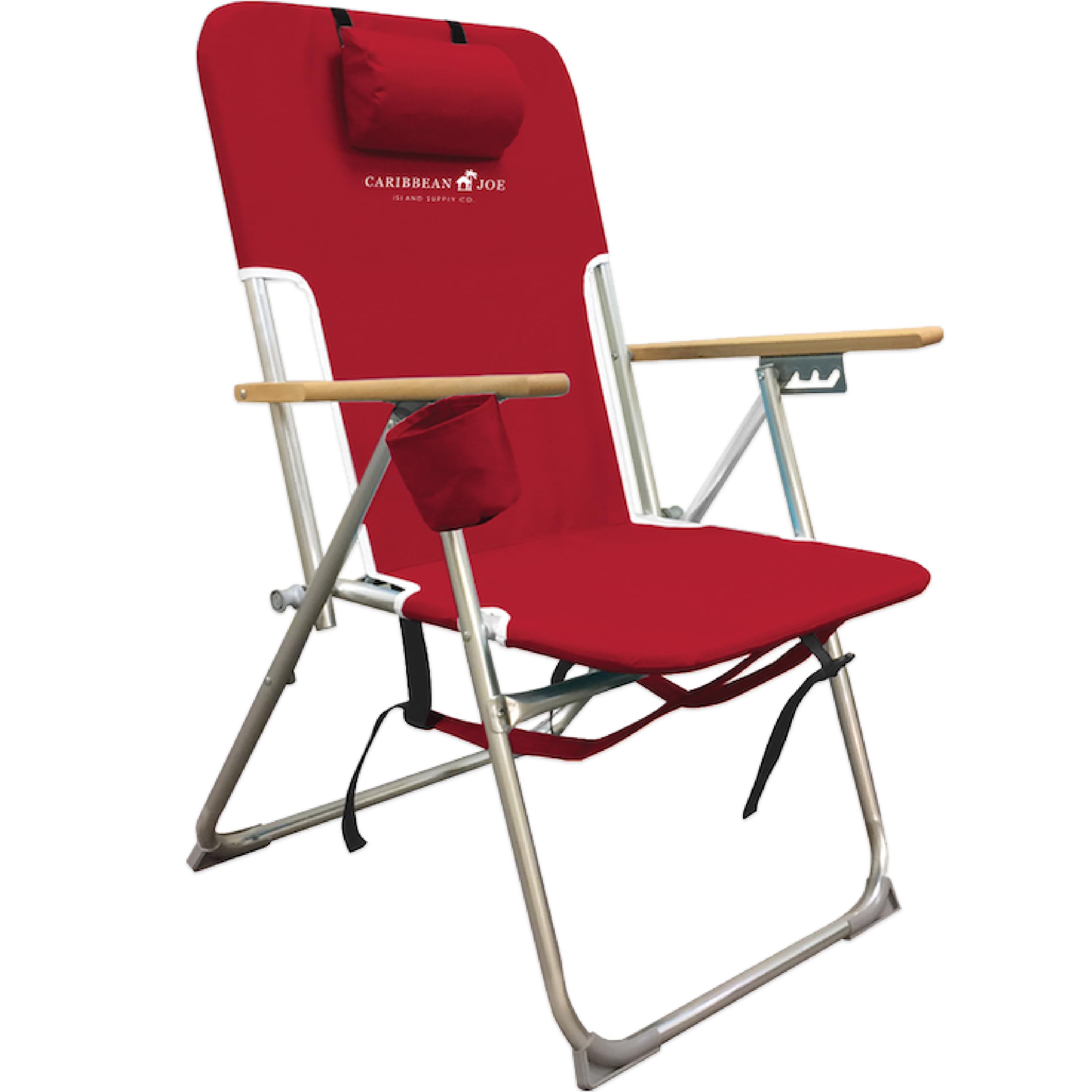 Portable Folding Beach Chair - 4 Position Adjustable Backpack Camping Chair with Headrest, Cup Holder & Wooden Armrests - 300 lb Capacity - Perfect for Beach, Picnics, Camping & Outdoor Relaxation