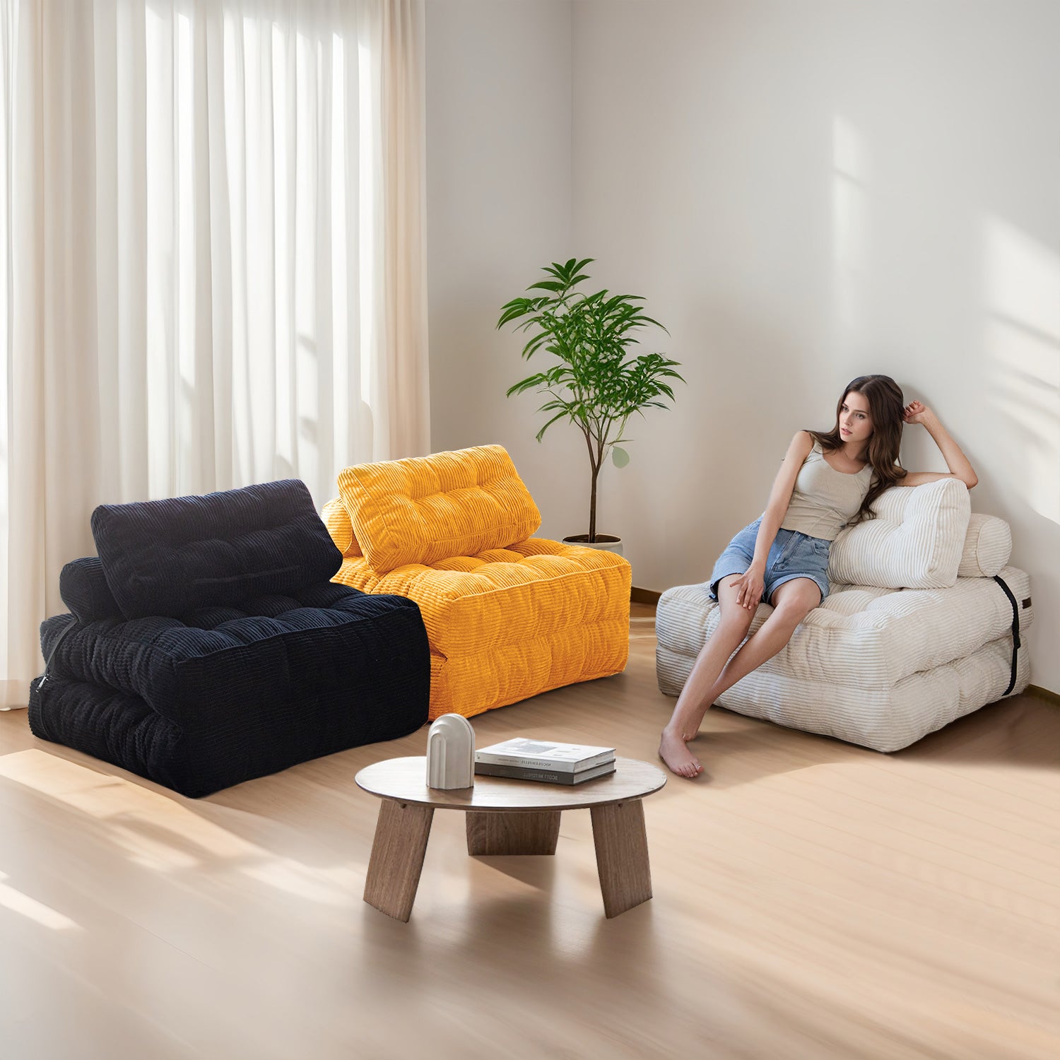 MAXYOYO Corduroy Sofa Bed - Convertible Sleeper Chair with Back Support in Orange | Comfortable Guest Bed & Space-Saving Living Room Furniture