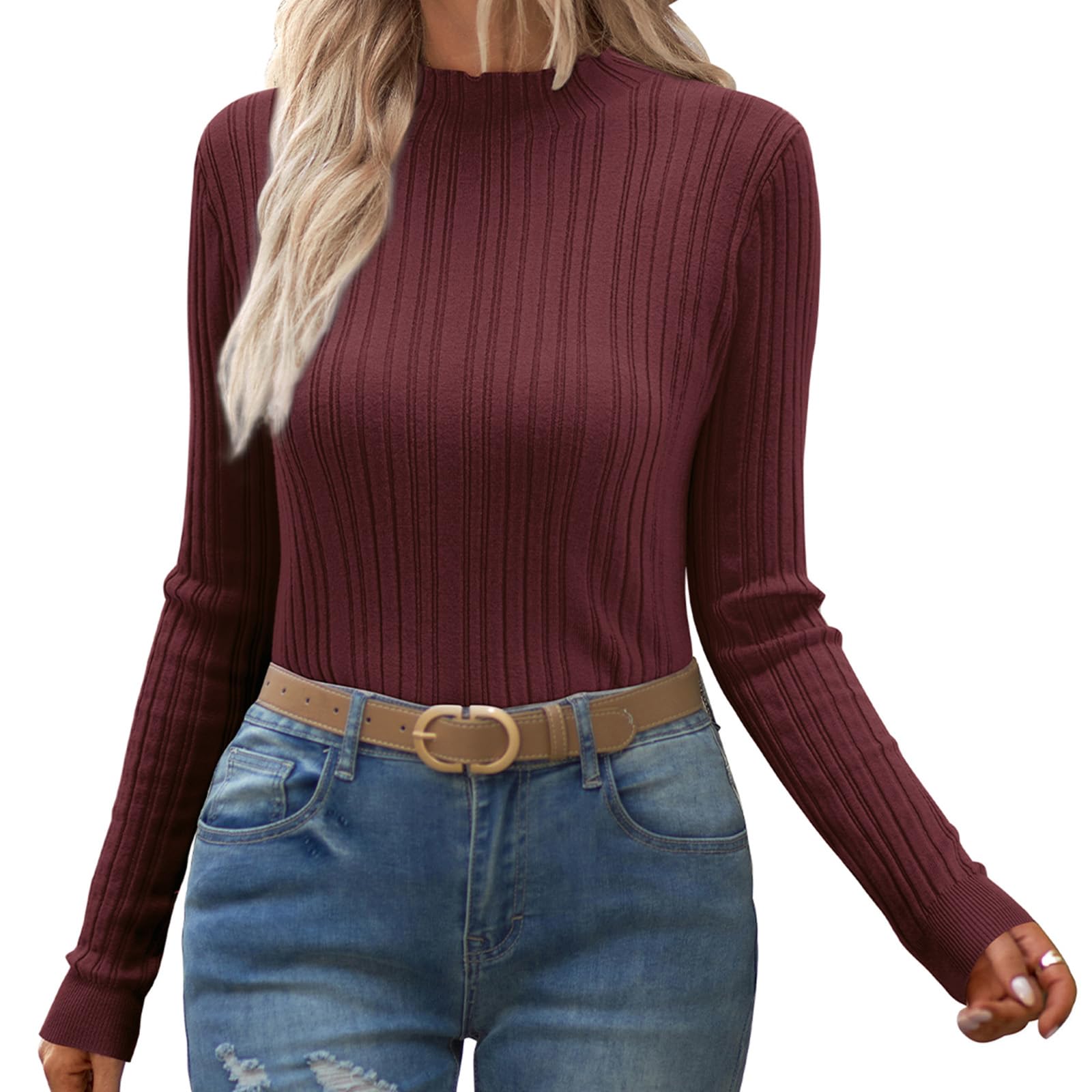 OUGES Women's 2024 Spring Summer Slim Fit Turtleneck Sweater Tops - Basic Business Casual T-Shirts for Office, Work & Everyday Wear