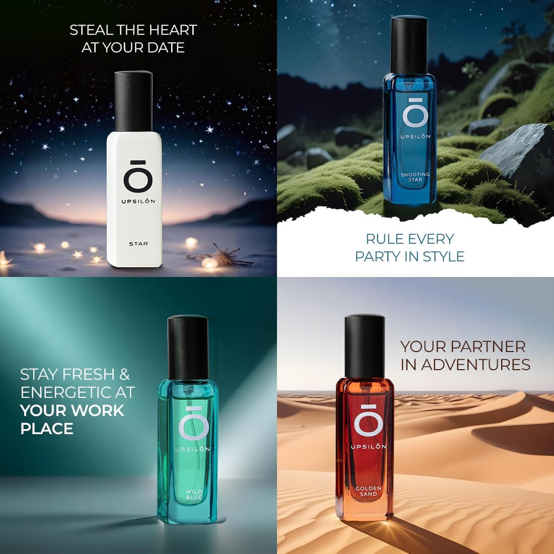 UPS.ILON Luxury Men's Perfume Gift Set - 4 x 20ml EDP Fragrances (Shooting Star, Wild Blue, Golden Sand, Star) | Long Lasting Cologne for Men | Perfect for Date Night, Office & Special Occasions