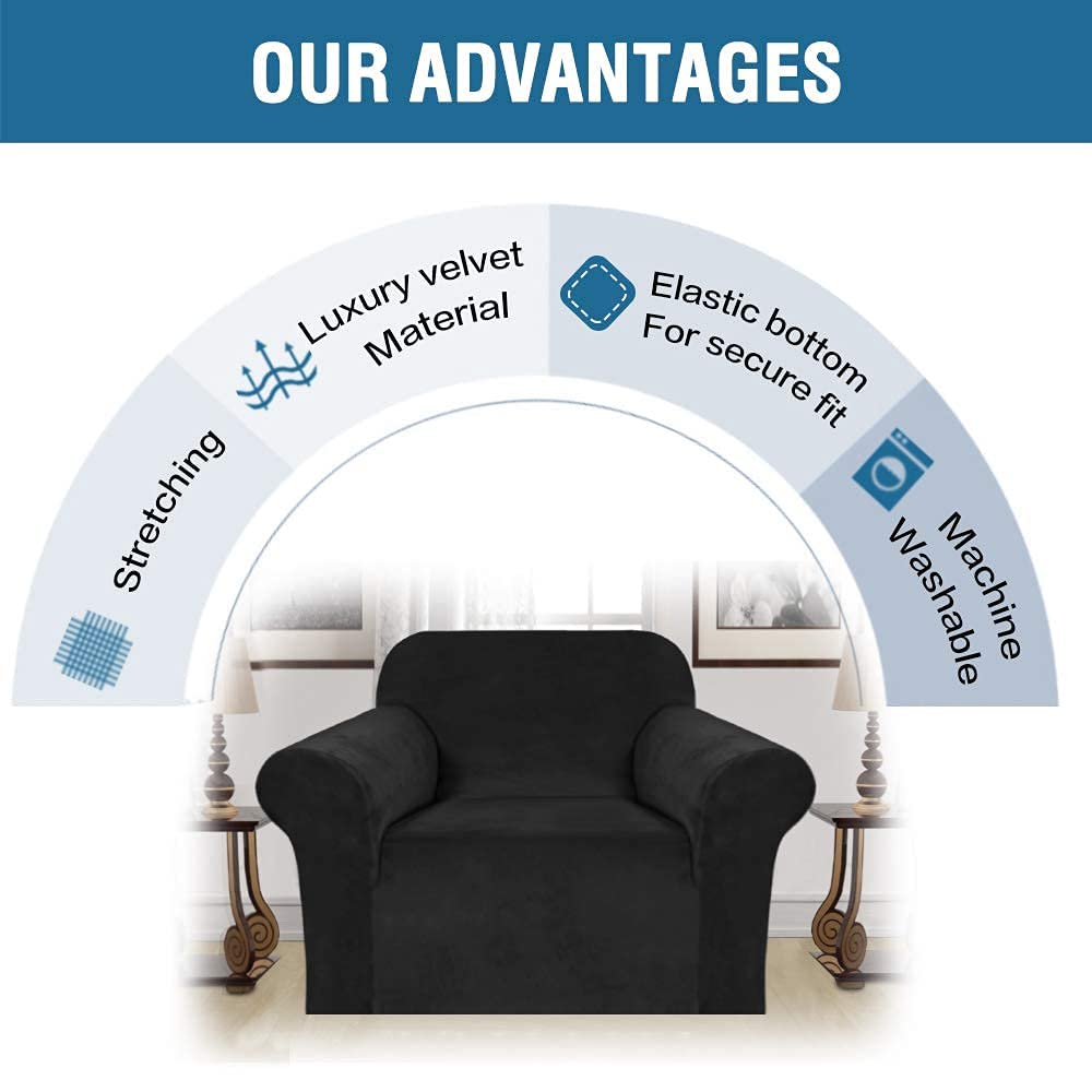 H.VERSAILTEX Velvet Stretch Sofa Covers Set - 3 Cushion Couch Cover, 2 Cushion Loveseat Cover & 1 Seater Armchair Slipcover (Black) - Soft Protective Furniture Covers for Living Room, Bedroom, and Office Decor