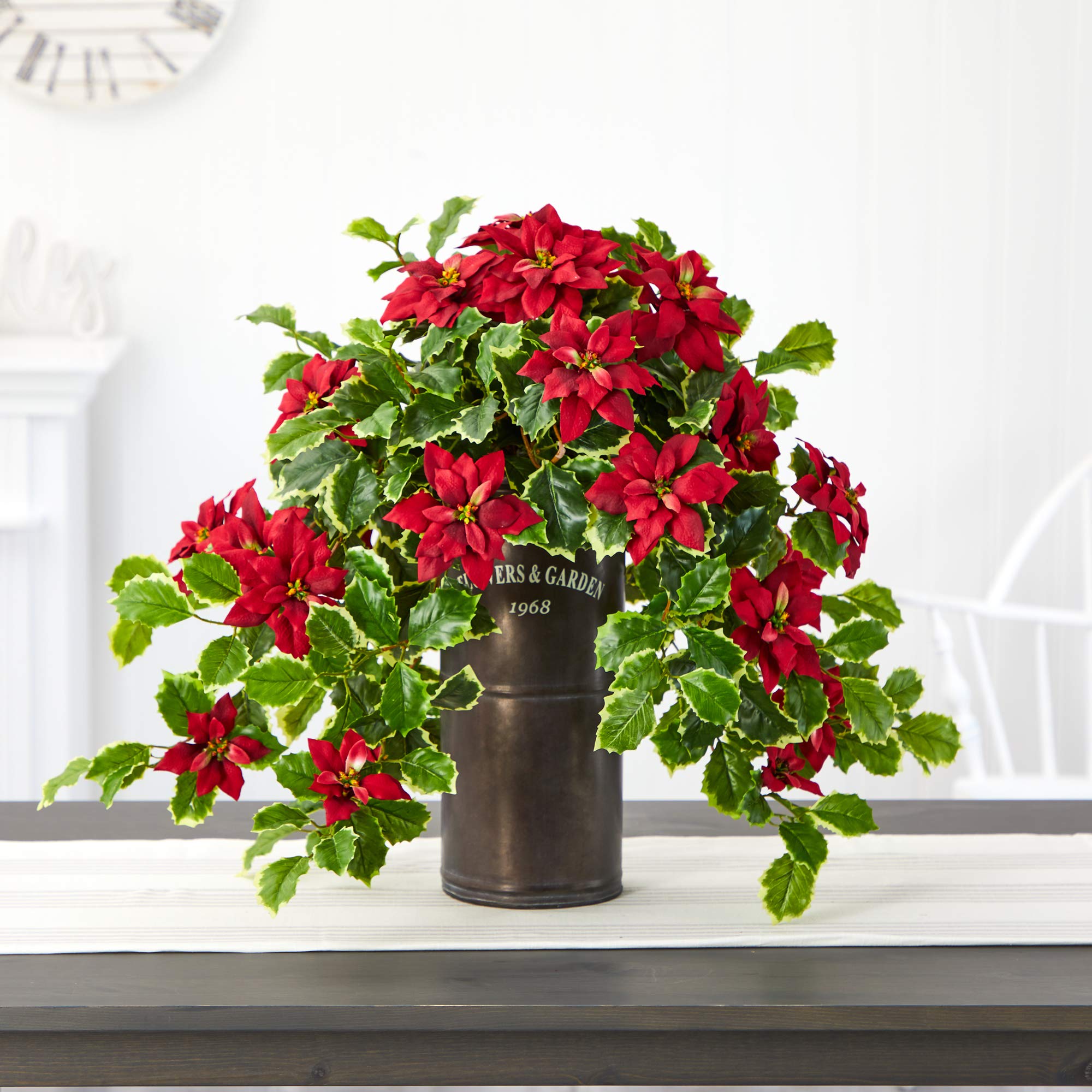 Nearly Natural 21 Inch Poinsettia and Variegated Holly Artificial Plant in Decorative Planter - Real Touch Faux Plant for Christmas Home Decor, Office, and Holiday Centerpiece