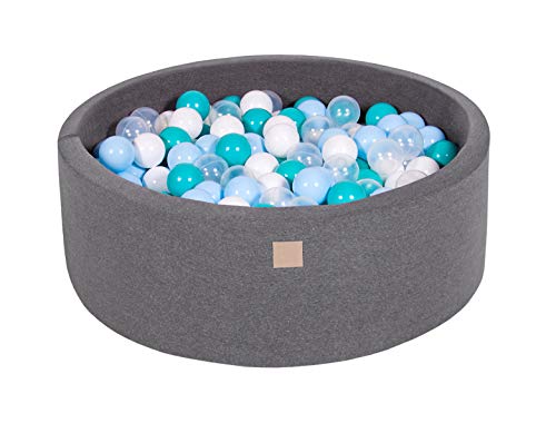 MEOWBABY Foam Ball Pit for Toddlers - 35 x 11.5 Inches with 200 Balls (2.75in Diameter) | Soft Kids Playpen for Indoor Play | Dark Grey with White/Transparent/Turquoise/Baby Blue Balls | Made in EU | Perfect for Playrooms, Daycares & Birthday Parties