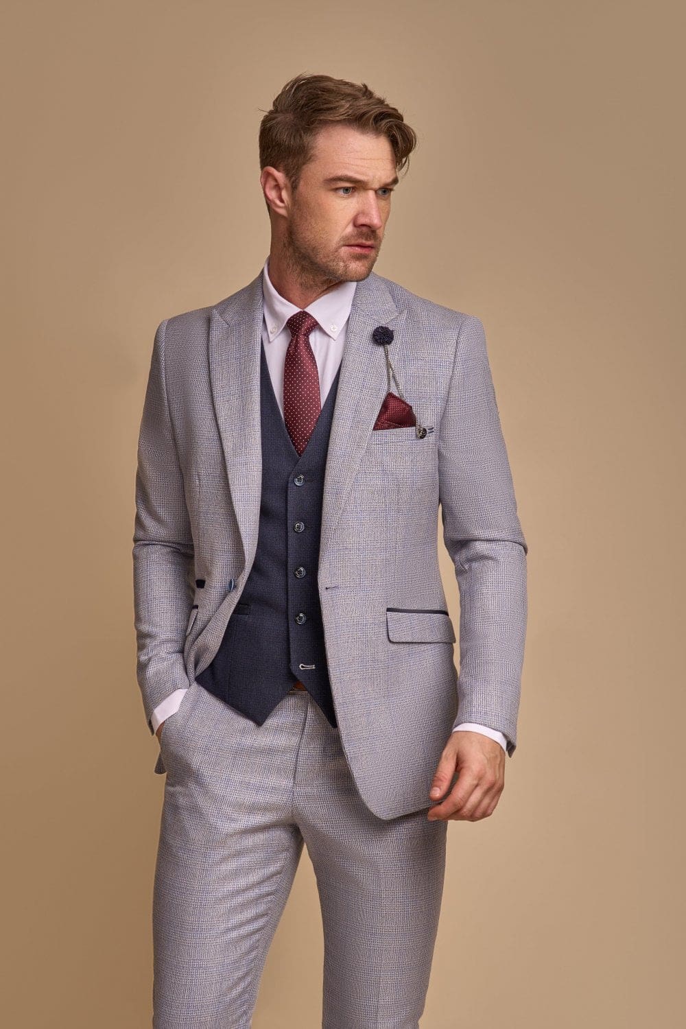 Premium Cavani Caridi Men's Sky Blue Tweed 3-Piece Suit with Navy Waistcoat | Formal Wedding, Business & Special Occasion Attire