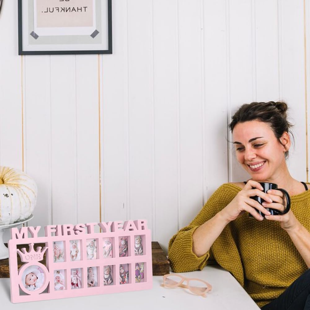 My First Year Picture Frame - Baby Growth Photo Frame for 12 Months Milestones | Pink Nursery Decor | Perfect for Baby Showers, Birthdays & Nursery Wall Display