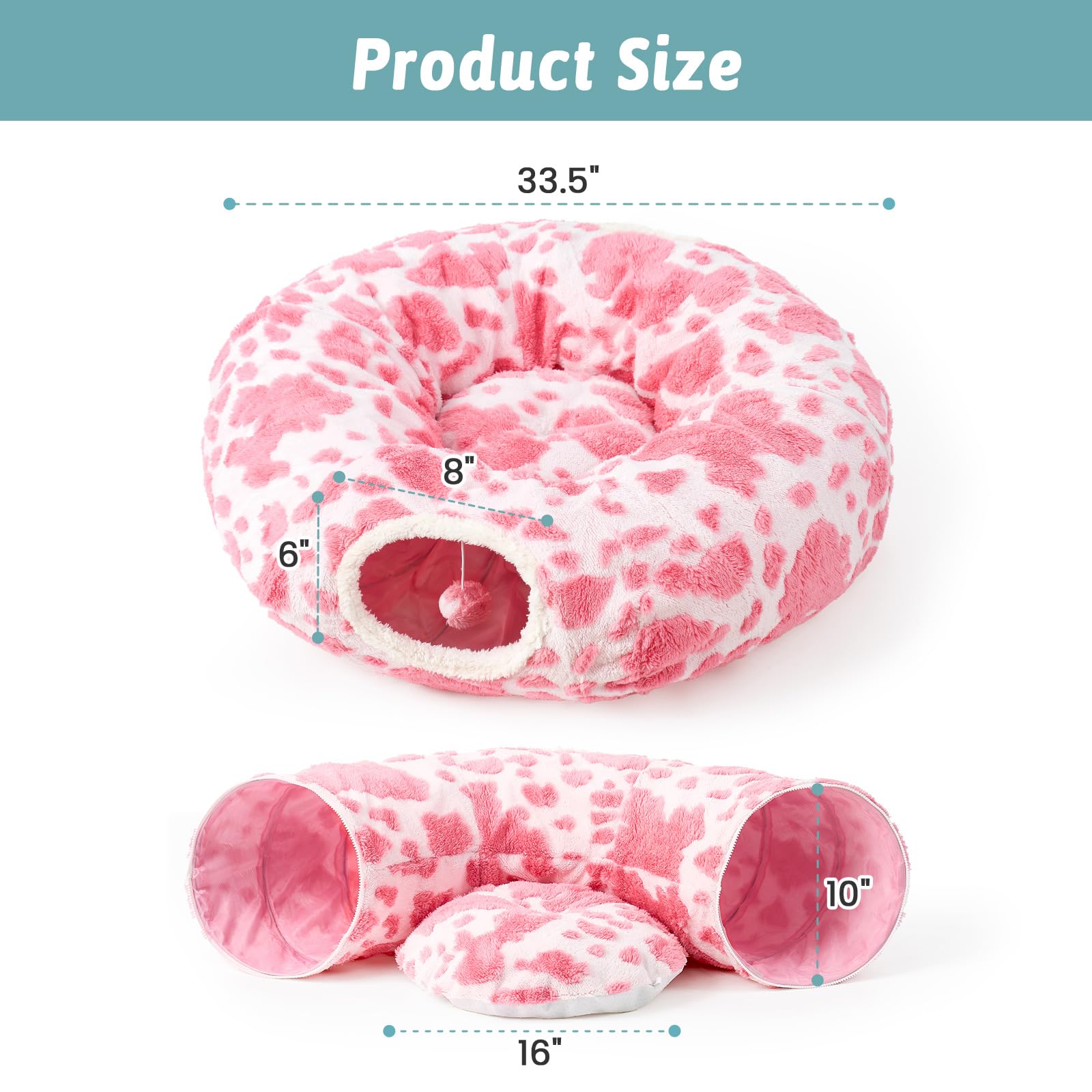 Foldable Cat Tunnel Bed for Indoor Cats - Washable Cushion & Cute Donut Design - Perfect for Kittens, Puppies & Rabbits - Pink & White (Great for Playtime, Napping & Small Pet Hideouts)