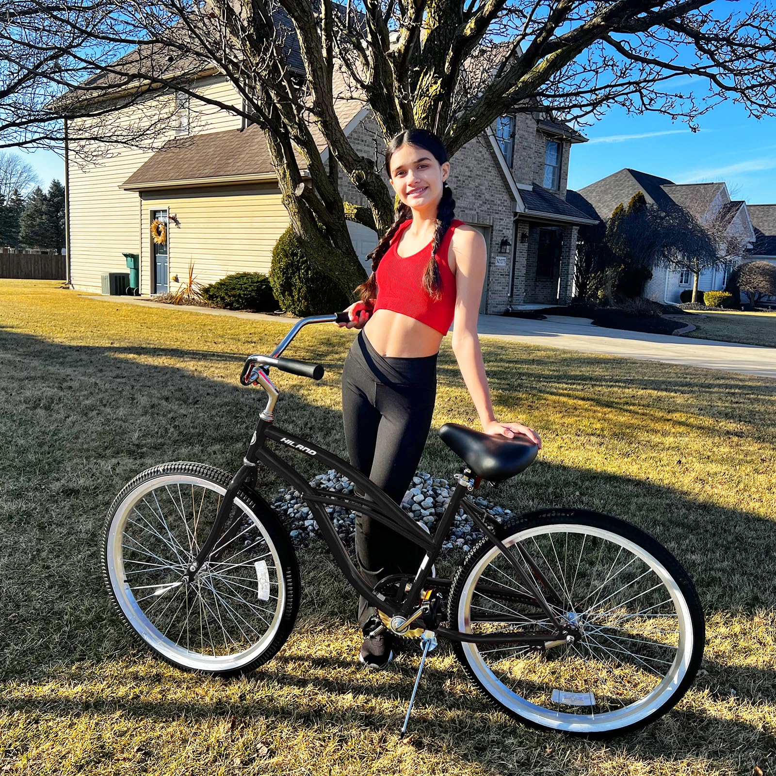 Hiland 26 Inch Beach Cruiser Bike for Women & Adults - Step-Through Frame, Single Speed City Commuter Bicycle with Rear Coaster Brakes (Black, Blue, Red) - Perfect for Beach Rides, City Commuting & Leisure Cycling