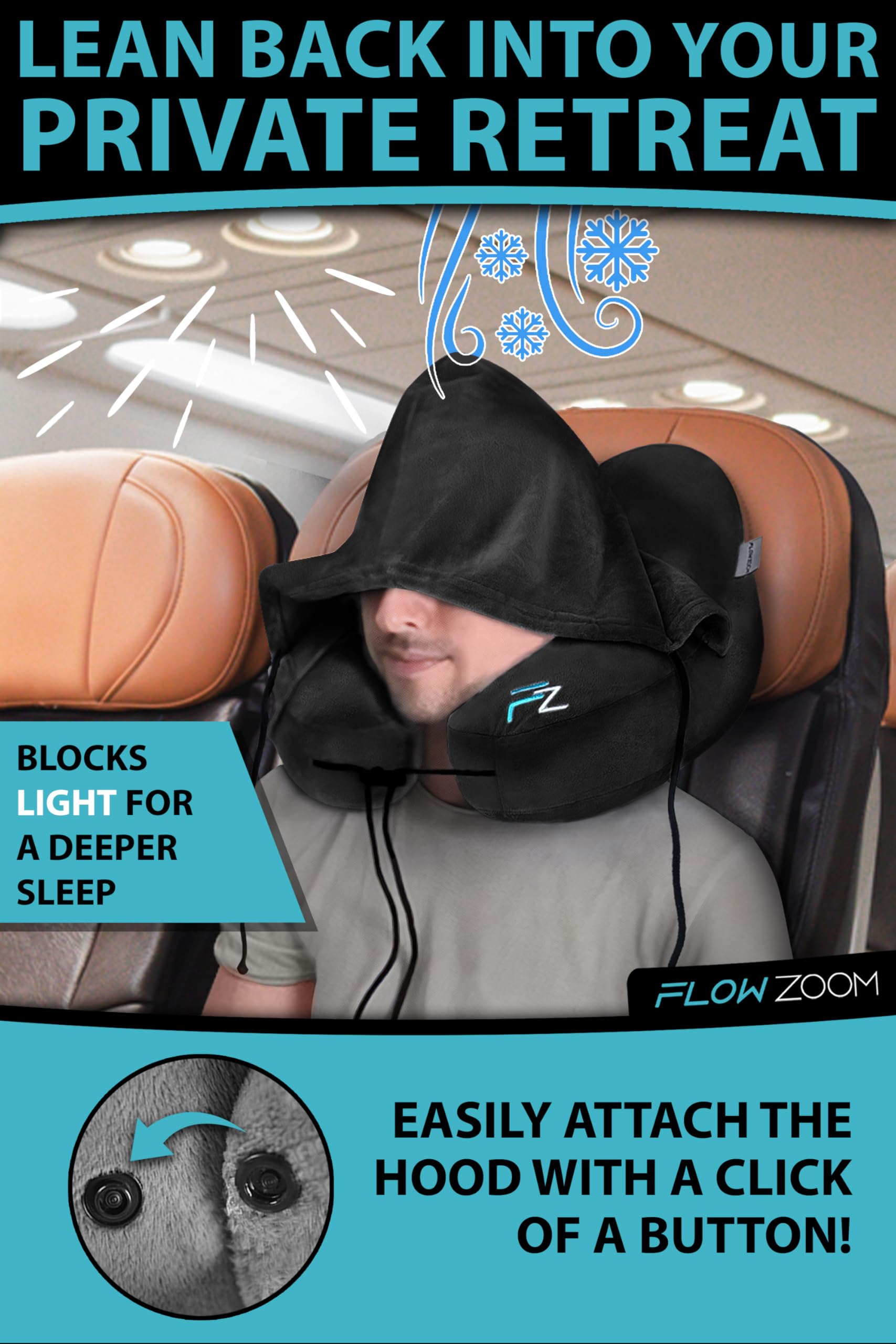 **Inflatable Travel Pillow for Airplanes - Adjustable Hooded Neck Pillow for Long Flights - Jet Black Size L - Perfect for Business Travel, Road Trips & Camping**
