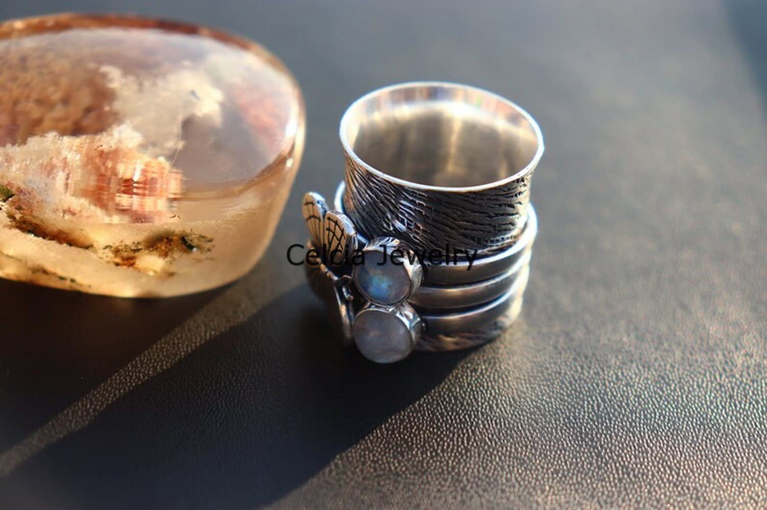 Moonstone Butterfly Spinner Ring - Handmade Double Gemstone Designer Jewelry for Women | June Birthstone Ring | Meditation & Stress Relief | US Size 7 | Perfect for Yoga, Gift Giving & Spiritual Healing