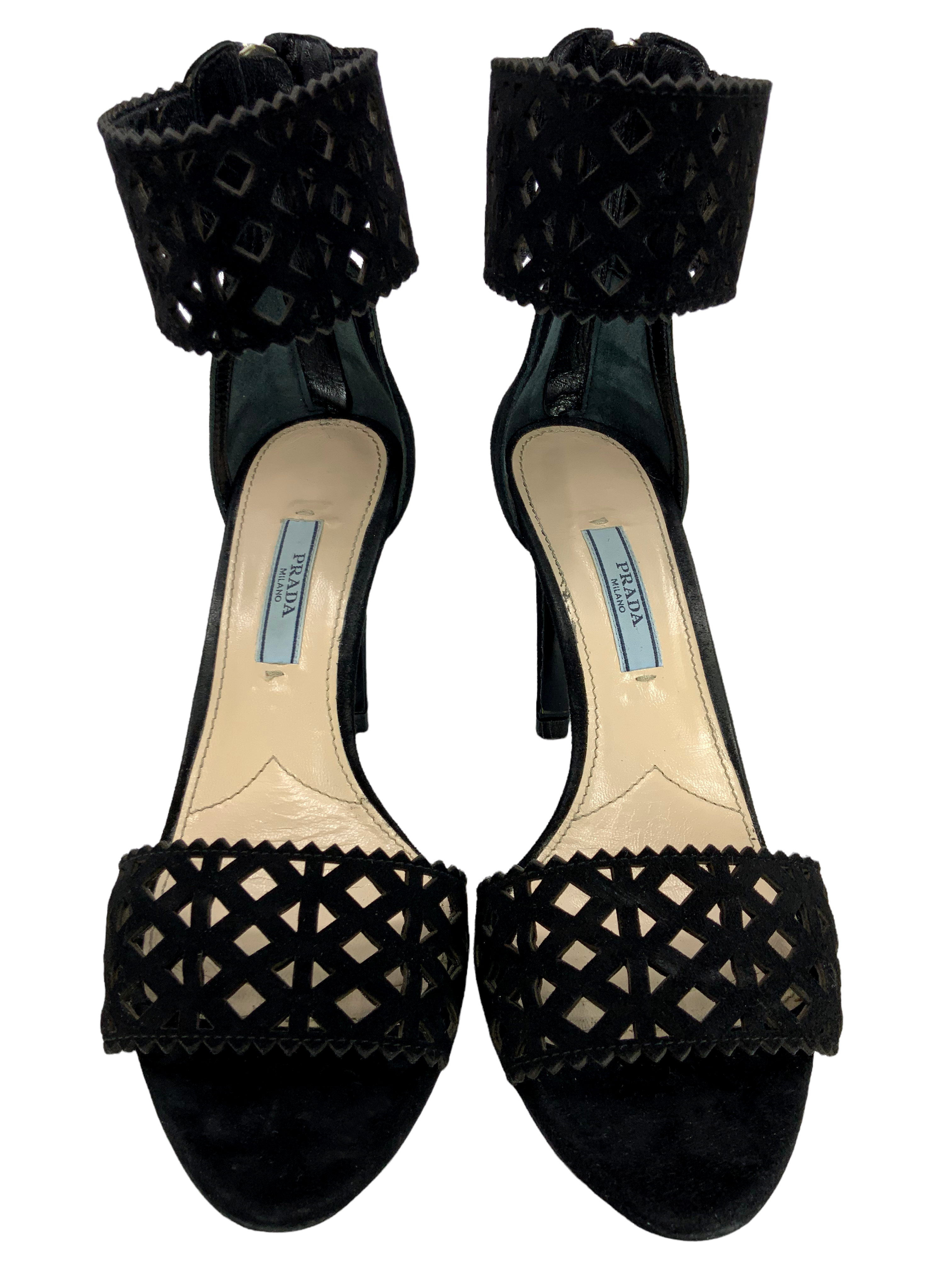 Prada Camoscio Suede Laser Cut Sandals Women's Size 6.5 - Luxury Designer Summer Shoes for Weddings, Parties & Beach Vacations