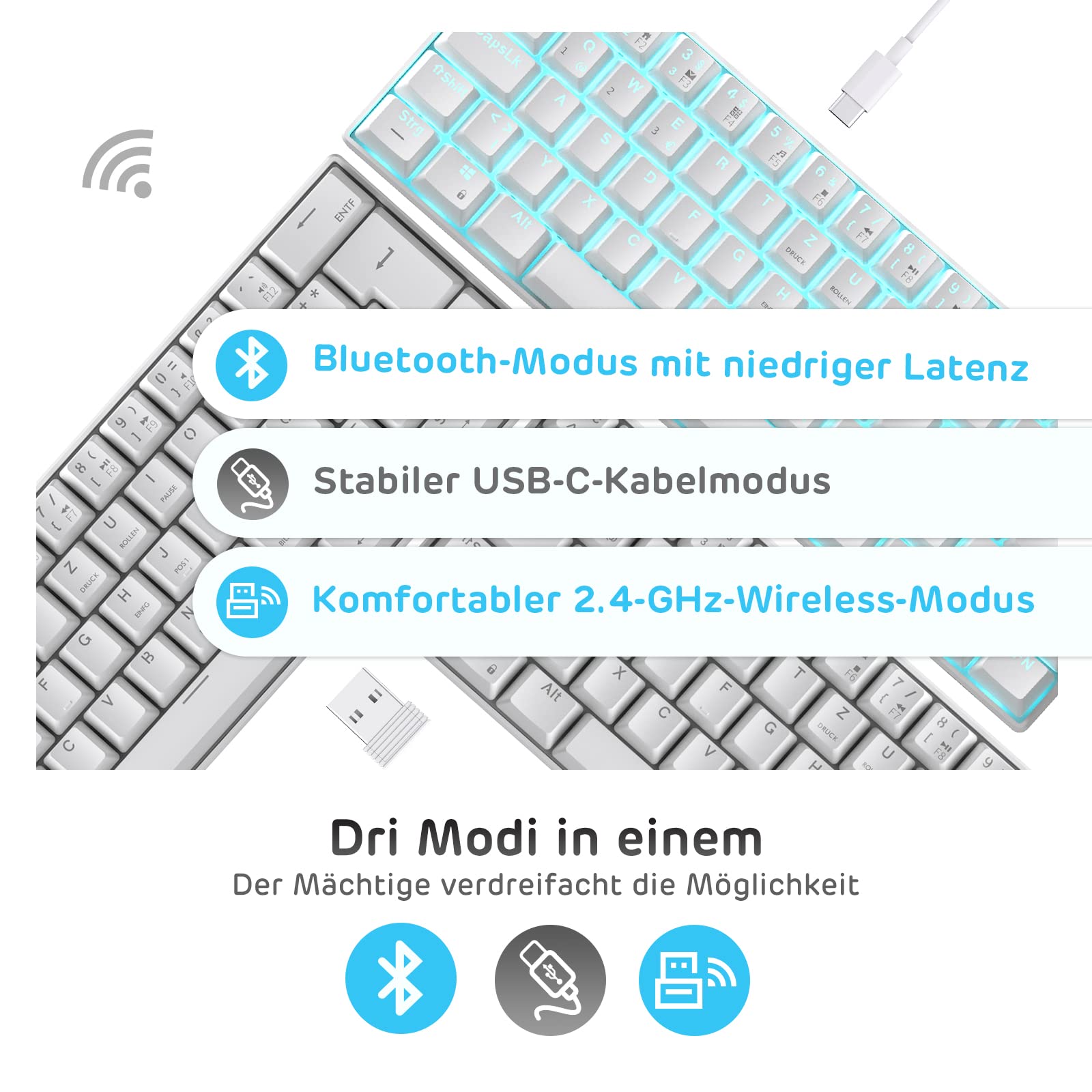 RK ROYAL KLUDGE RK61-DE 60% Wireless Mechanical Gaming Keyboard - Bluetooth/2.4GHz/USB-C Wired, Hot-Swappable Brown Switches, 61 Keys, White, QWERTZ Layout for Windows/Mac - Perfect for Gaming, Office Work & Programming